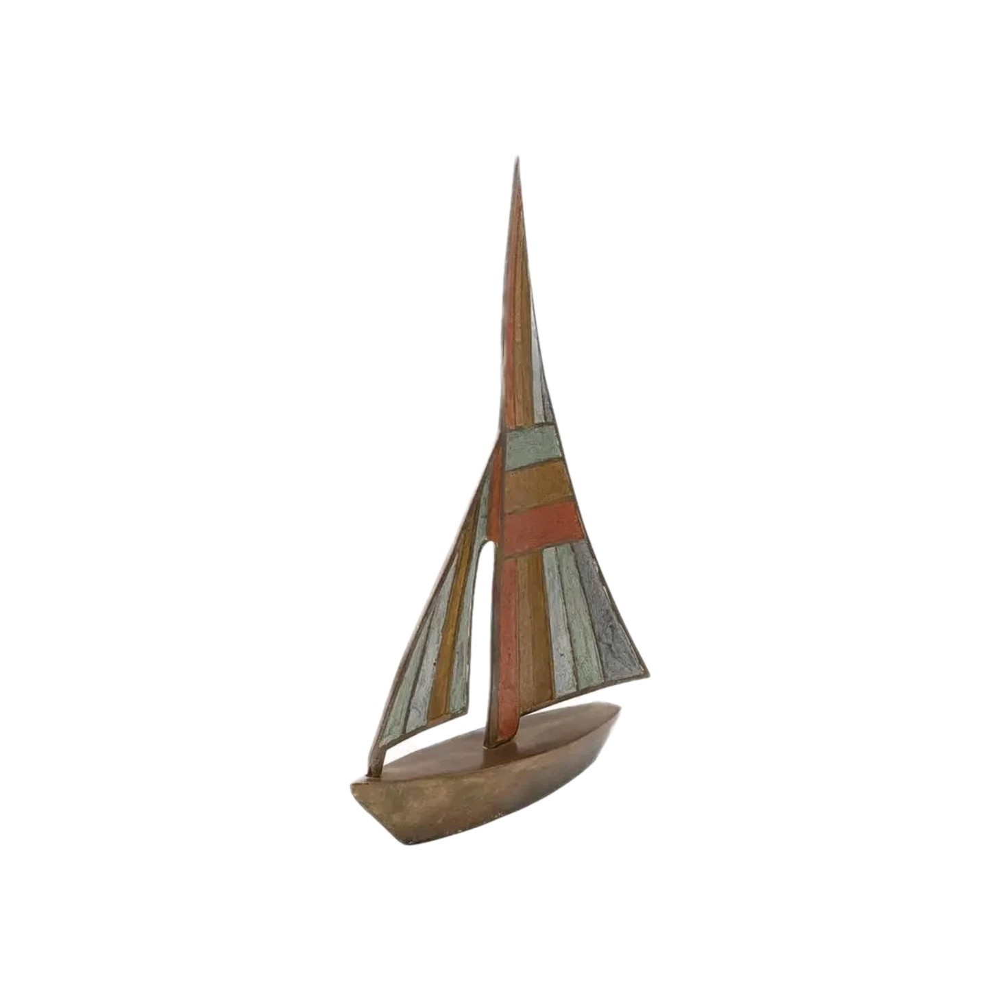Vintage Mid Century Modern Bronze Sailboat Sculpture Geometric Nautical Art 1970
