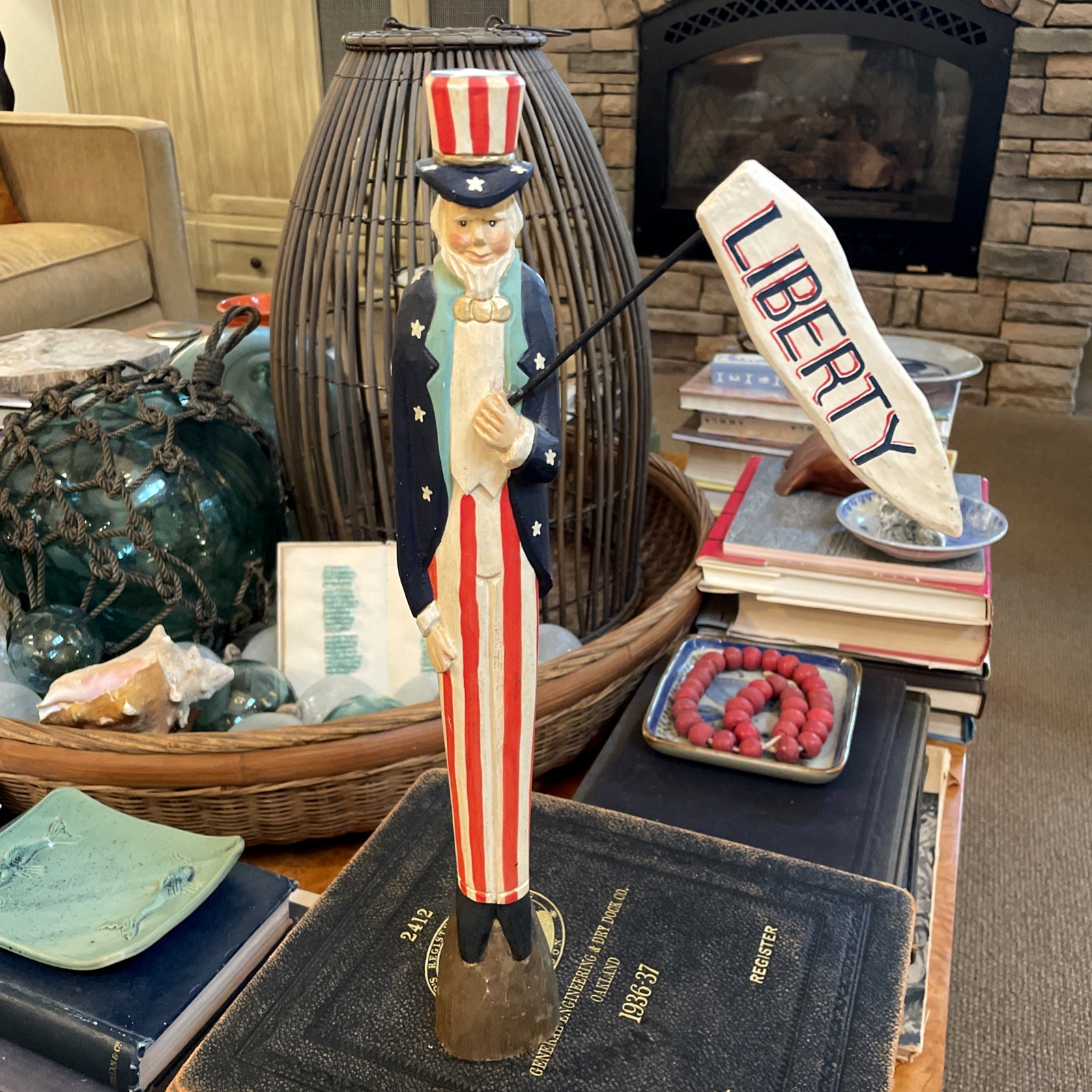 James Haddon Uncle Sam Hand Carved Wood Figure Liberty Flag Folk Art Americana