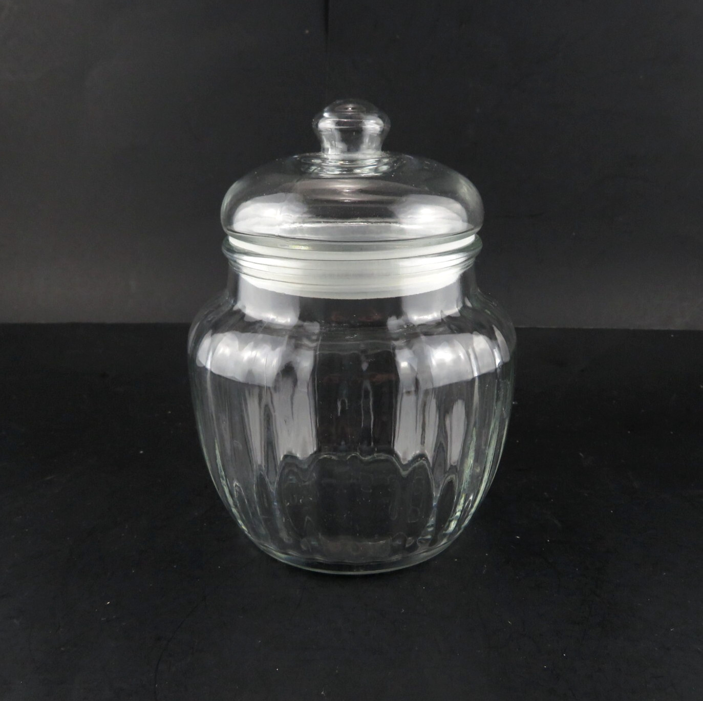 Vintage Anchor Hocking Acorn Ribbed Clear Glass Storage Canister Jar w/Lid – 6″T