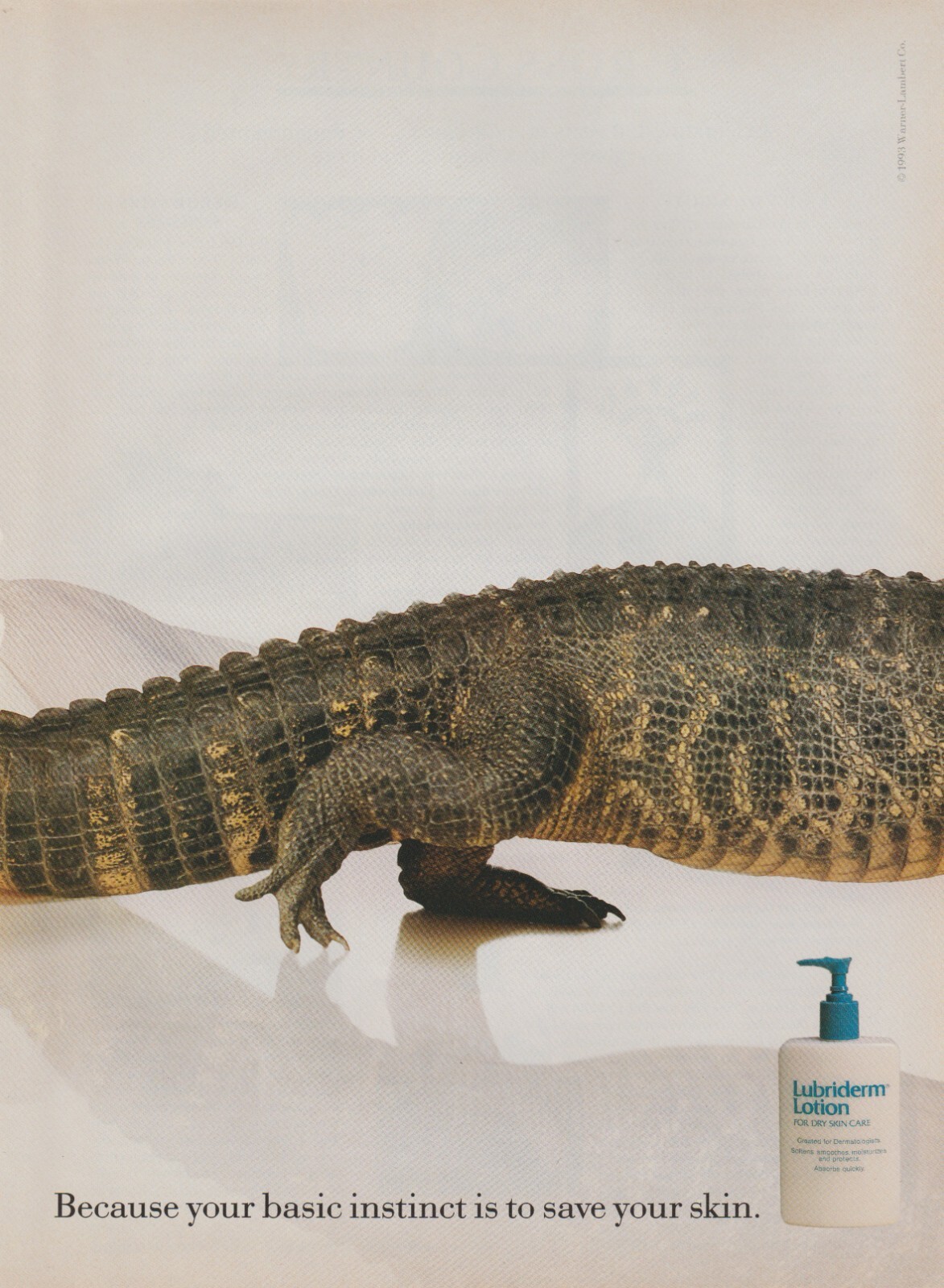 1993 Lubriderm Skin Lotion – Alligator Crocodile Walk Bare Lady – 2Page Print Ad