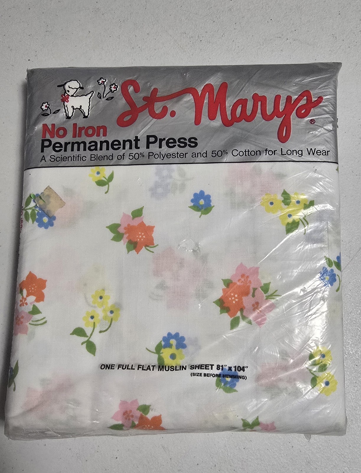 Vintage St Marys FULL FLAT sheet Small Flowers Floral Pink Yellow NOS Muslin