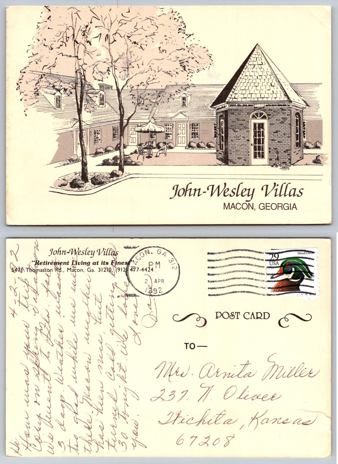 John-Wesley Villas Macon Georgia Postcard 1992 Retirement Living GA Sketch