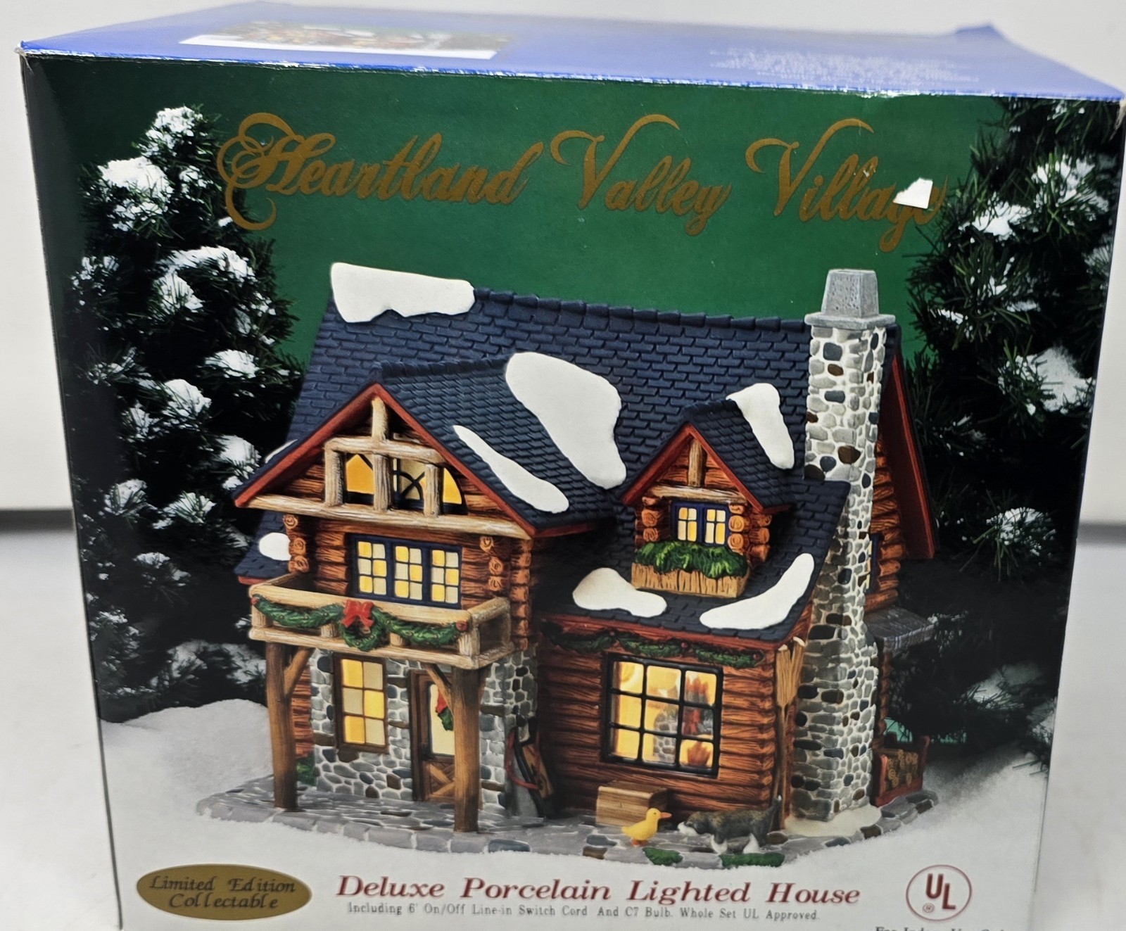 Vintage 2002 Heartland Valley Village Porcelain Rustic Log House Cabin Lighted