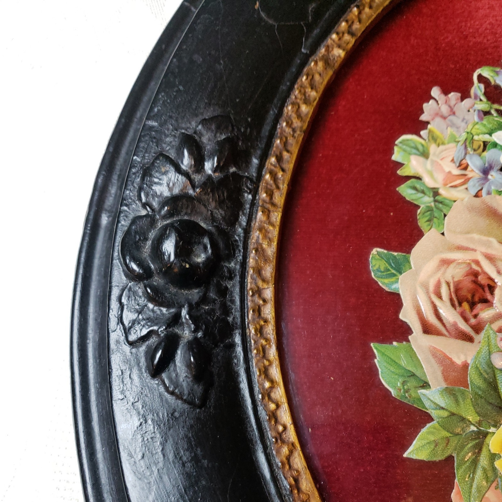 Antique Hand Carved Roses Oval Wood Frame Velvet Background Flower Print RARE