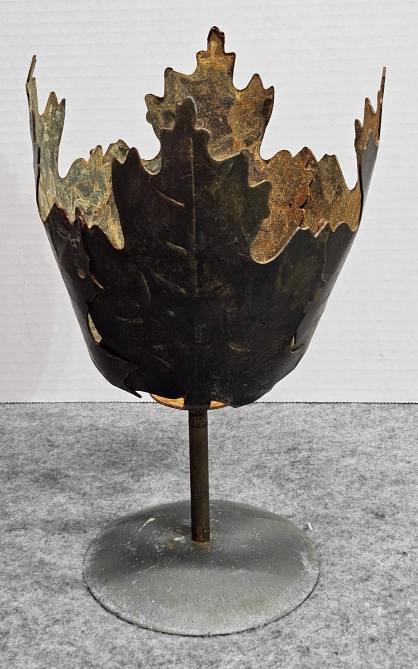 Brass/bronze sculptural leaf shaped vase/planter weathered centerpiece 10″ tall