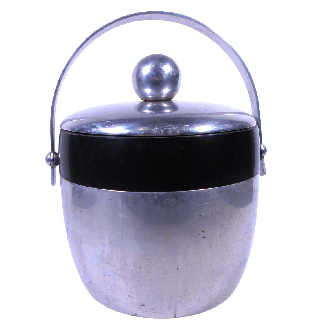 Vintage 1950s Kromex Aluminum Ice Bucket Silver Black Rounded Shape MCM Barware