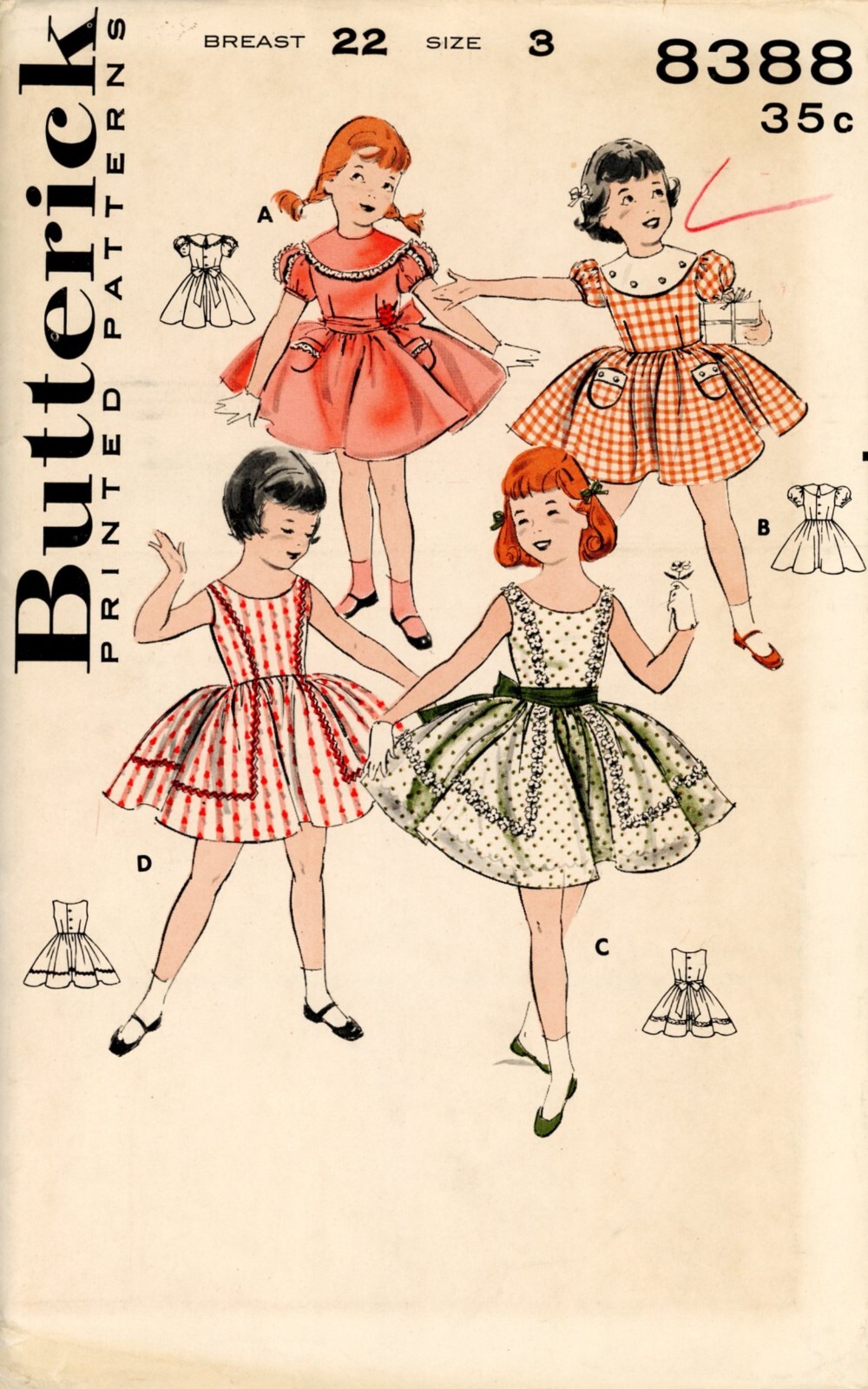Butterick 8388 Puff Sleeve Dress w Lace Trim Collar, Ribbon Sash Sz 3 UNCUT