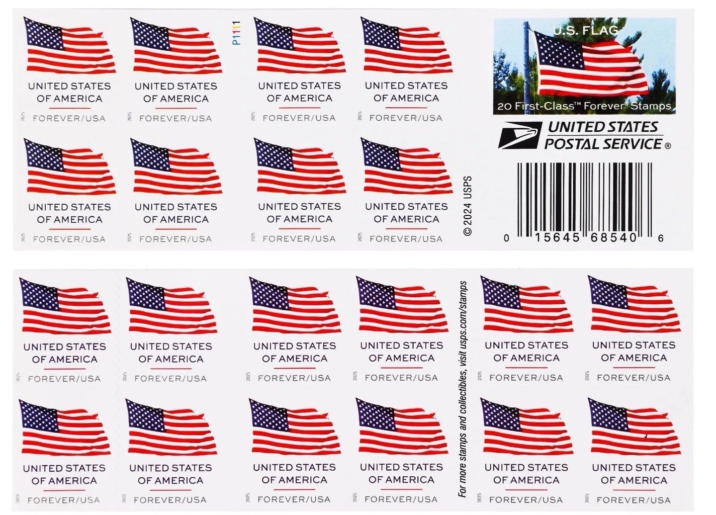 2025 USPS BOOKLET OF 20 FIRST CLASS LETTER STAMPS U.S. FLAGS 78¢