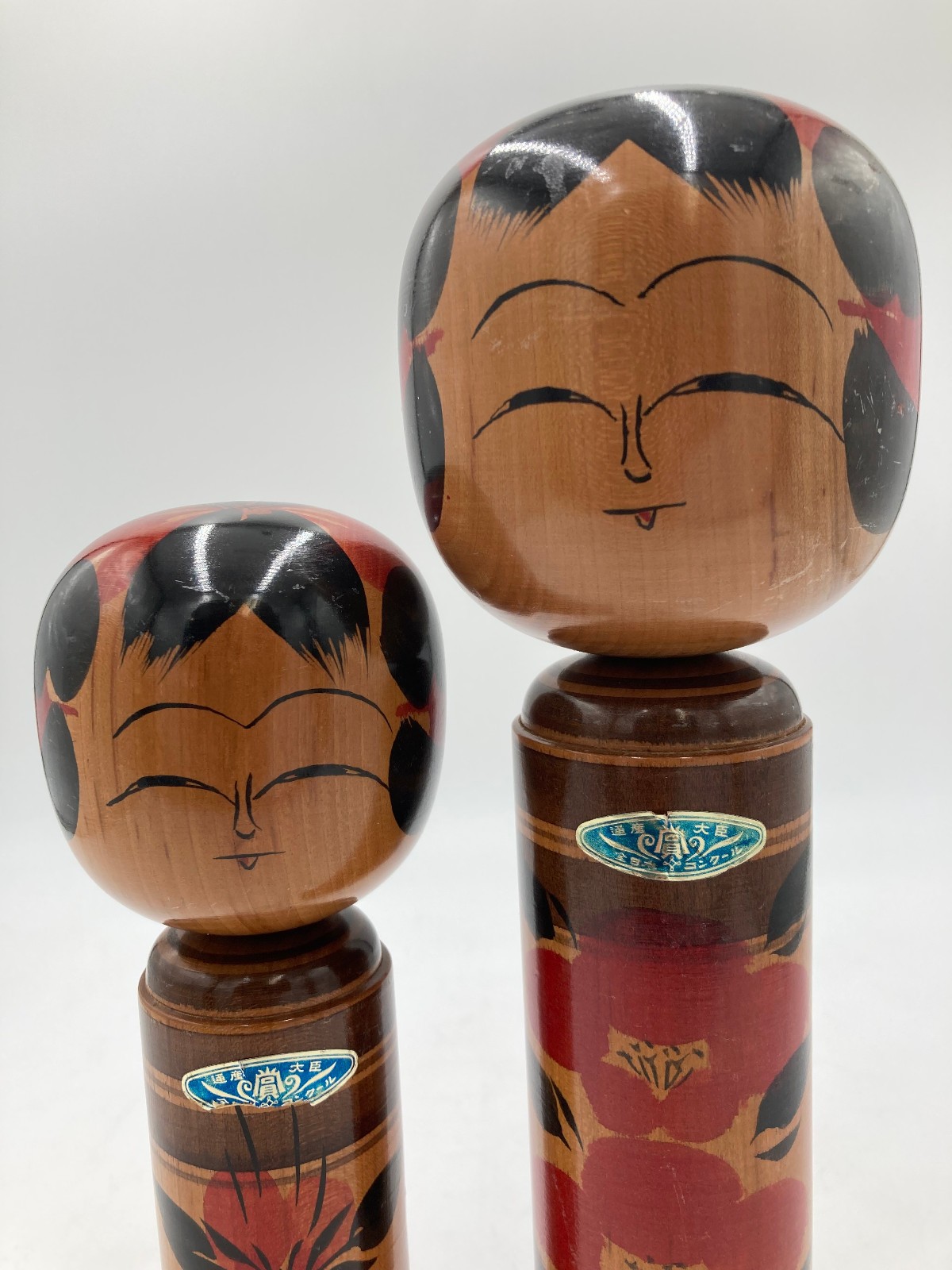 Vintage Japanese Kokeshi Doll Pair Camellia Hand Painted Wood Signed 30cm 24cm