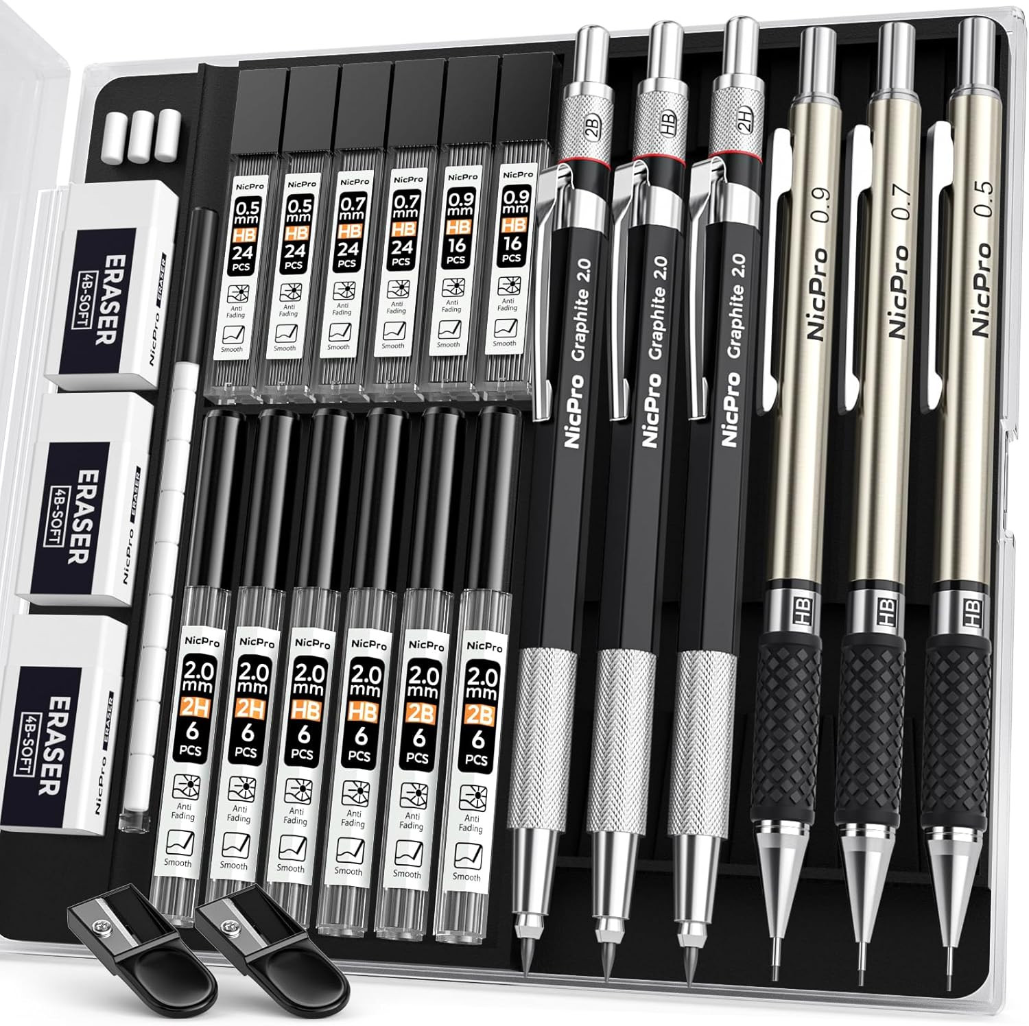 6PCS Art Mechanical Pencil Set 0.5 0.7 0.9 2.0mm Drafting Pencils with Lead