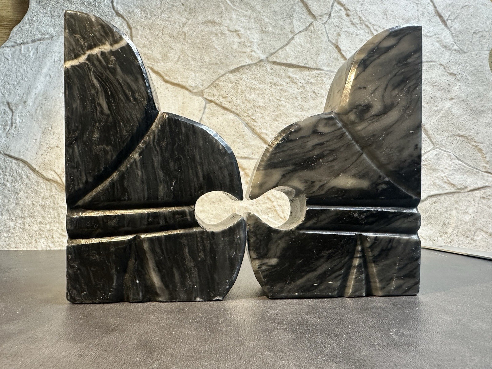 Marble Abstract Black and White Bookends Pair 6″ Asymmetrical Decorative Art