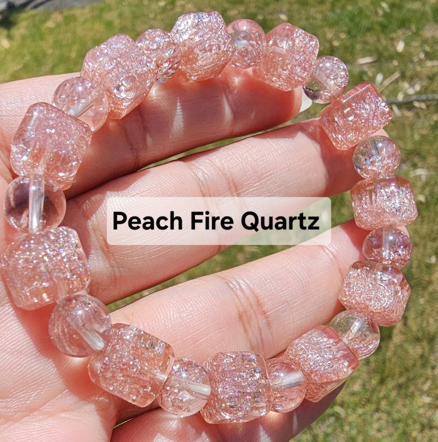 Peach Fire Quartz Shiny 10mm Square and 8mm Round Beads Unisex Stretch Bracelet
