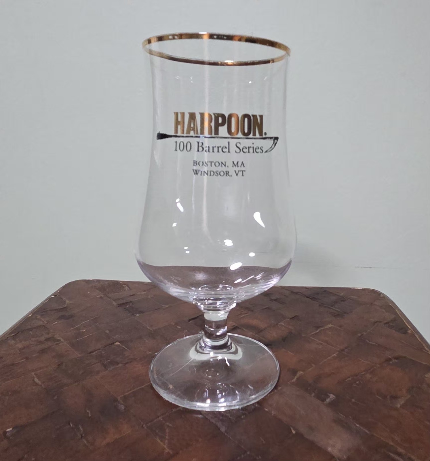 Harpoon 100 Barrel Series Stemmed Beer Glass Boston MA Gold Rim