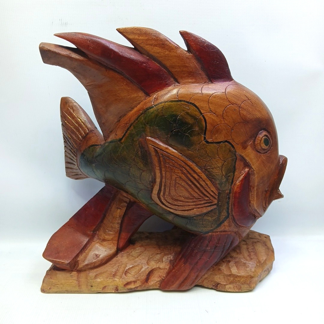 Vtg Artist Hand Carved Wooden One Piece Nautical Angelfish 11″ Freestanding