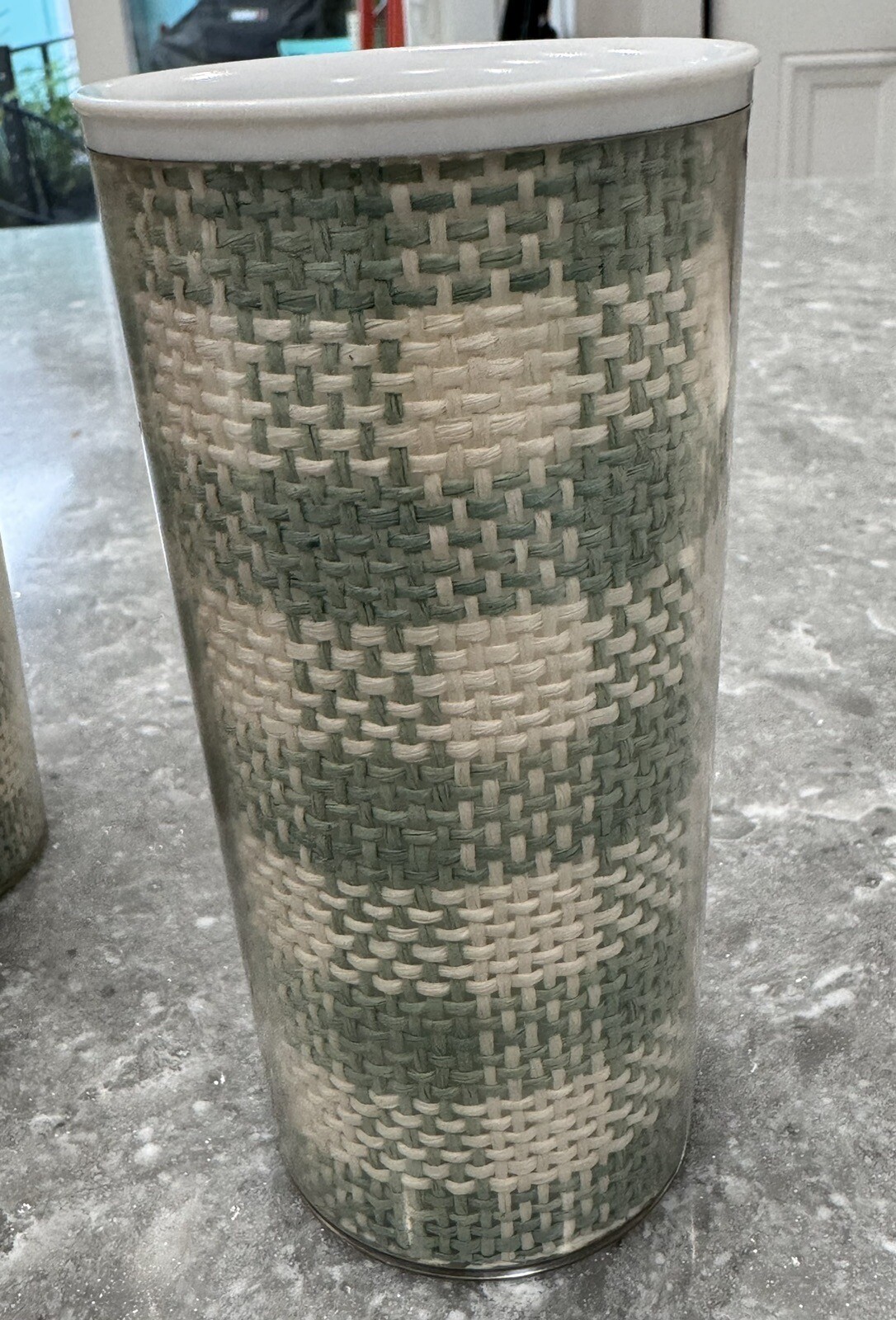 Vintage MCM Raffiaware Duo Temp Melmac Plaid Woven Burlap Pitcher & 5 Cups