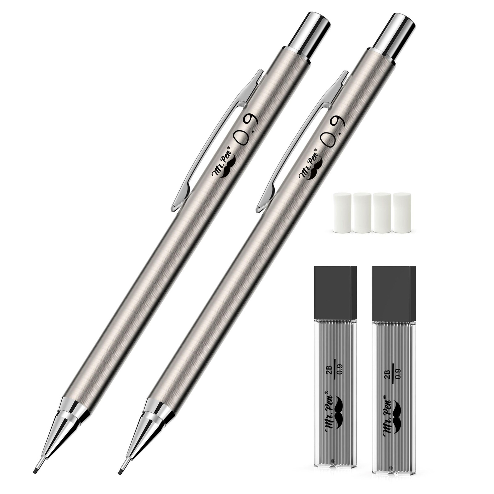 Mr. Pen- Metal Mechanical Pencils, 0.9mm, 2 Pack, 2 Count (Pack of 1), Silver