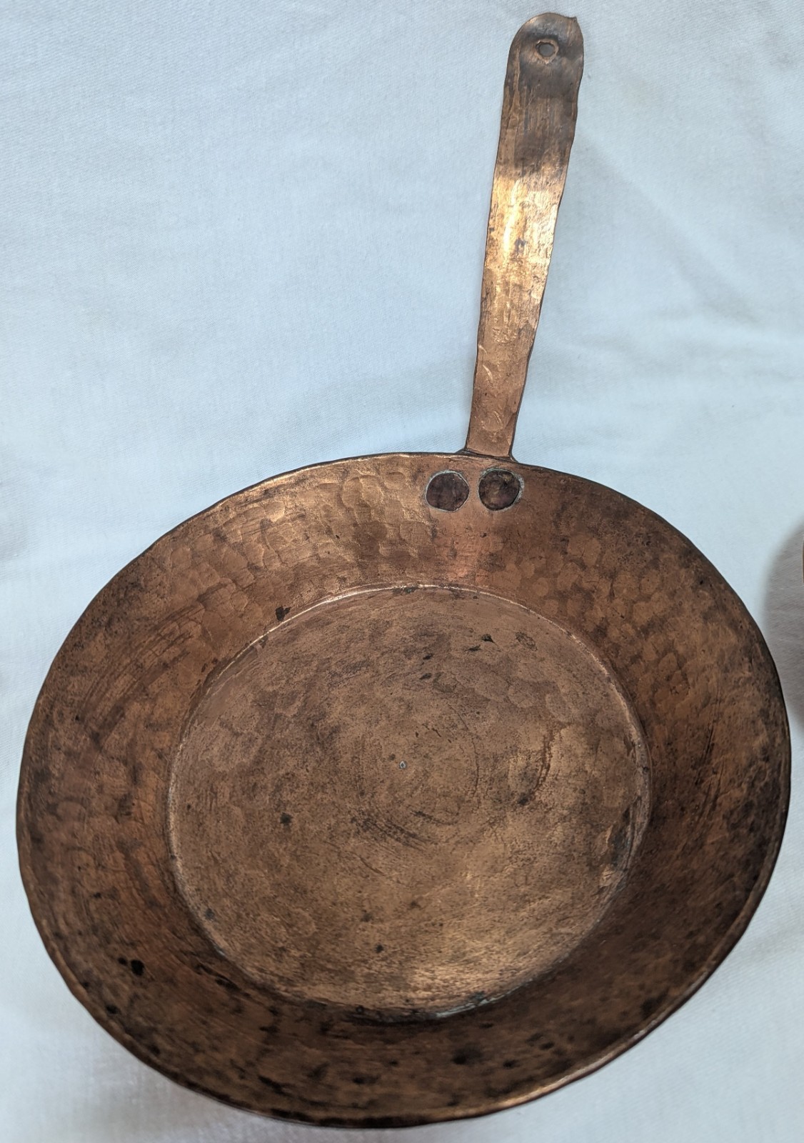 Two Primitive Hand Forged Hammered Solid Copper Fry Pans Riveted Handles