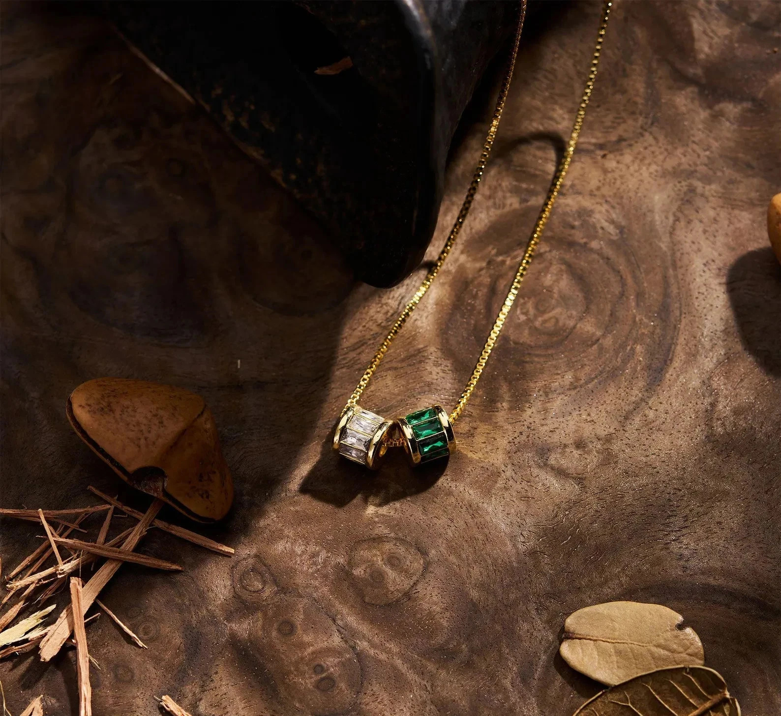 14K Yellow Gold Over Emerald and Diamond Cylinder Charm Pendant 18″ Necklace