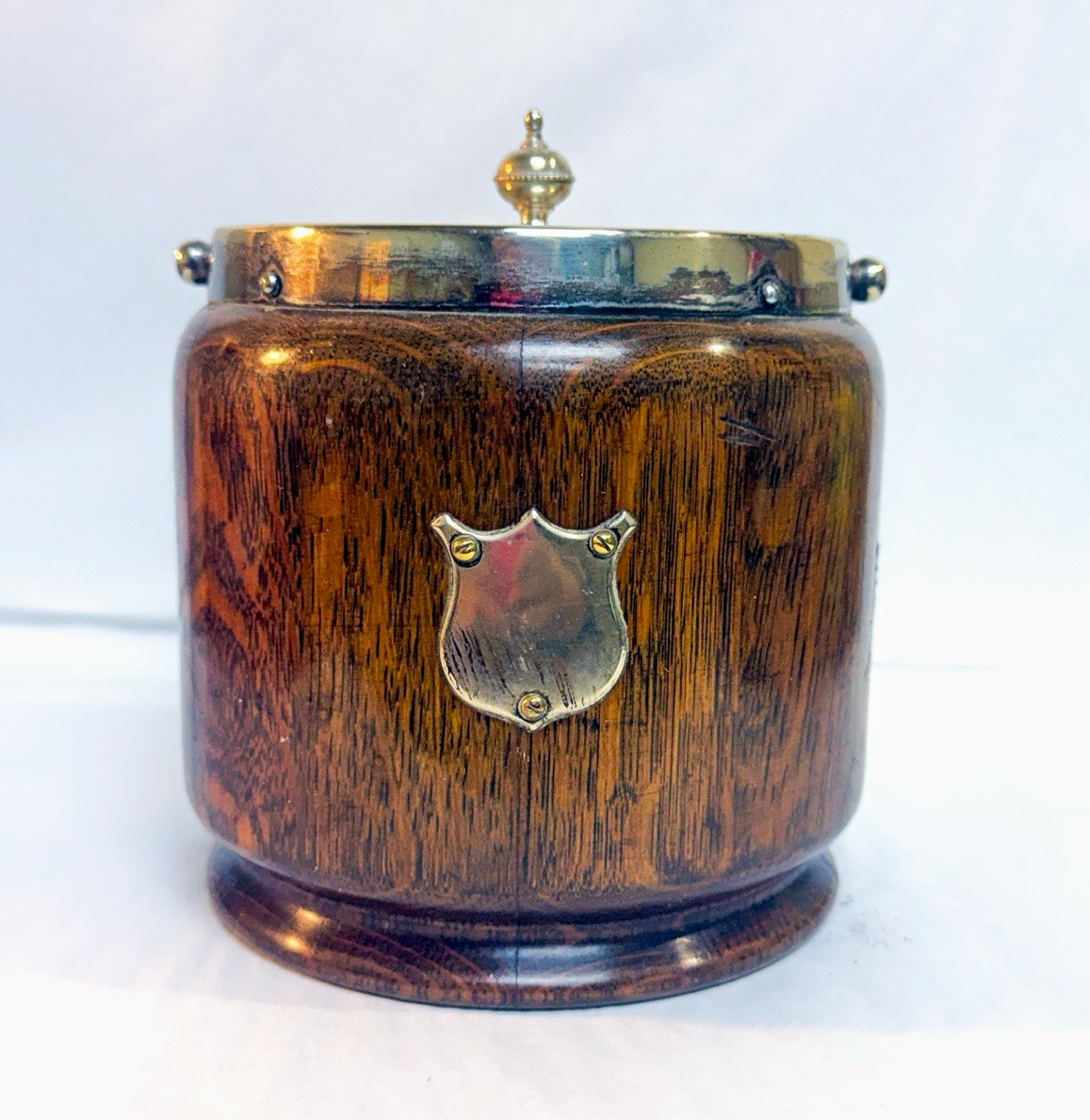 English Round Wood & Metal biscuit barrel , Medium Brown/Silver w Lid & Handle