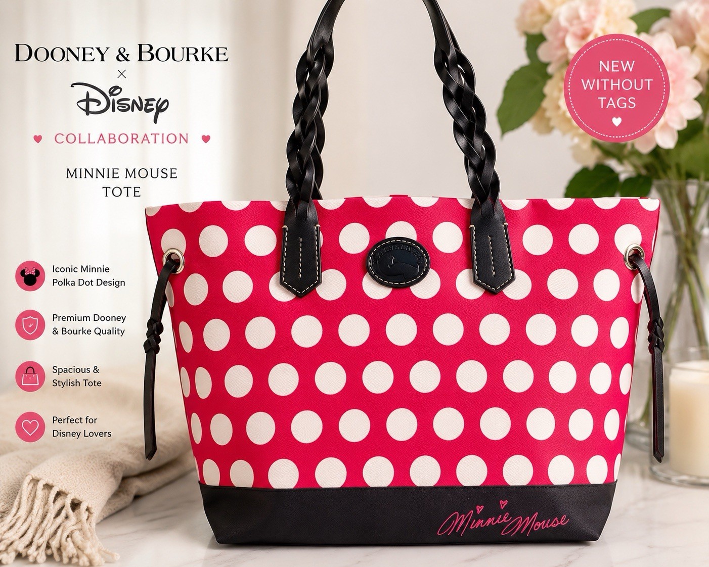 Dooney & Bourke Disney Minnie Mouse Polka Dot Tote Bag NWOT Braided Handles