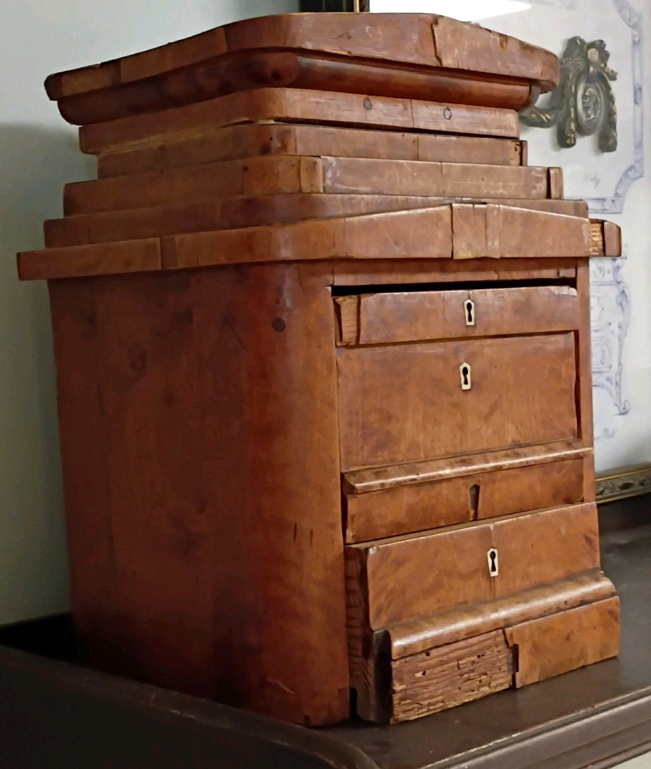 Vintage Antique Style Brown Wood Grain Wooden Storage Box Chest w/ Drawers