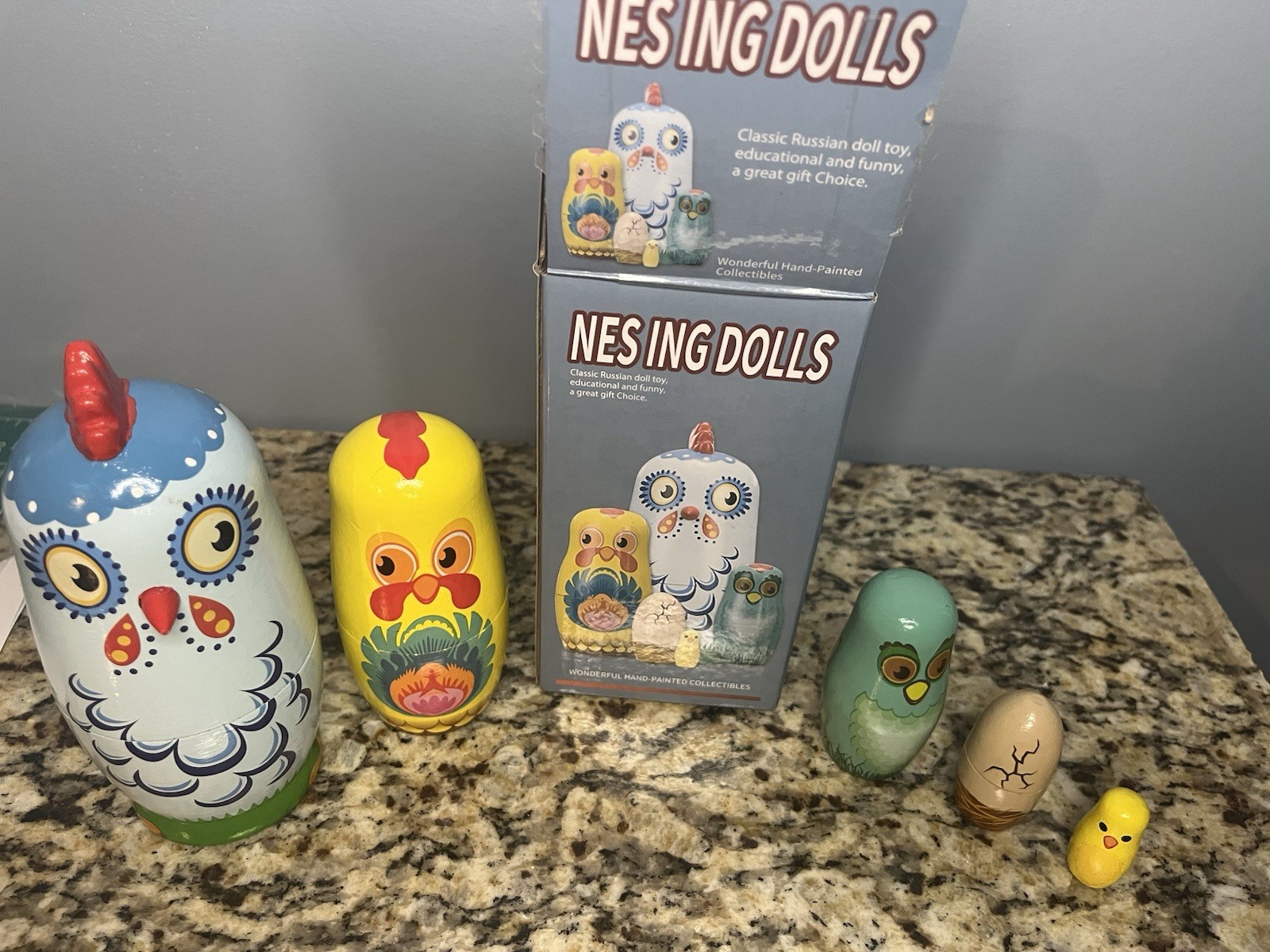 Hand Painted Wooden Russian Nesting Dolls Set of 5 Birds/Animals w/ Box