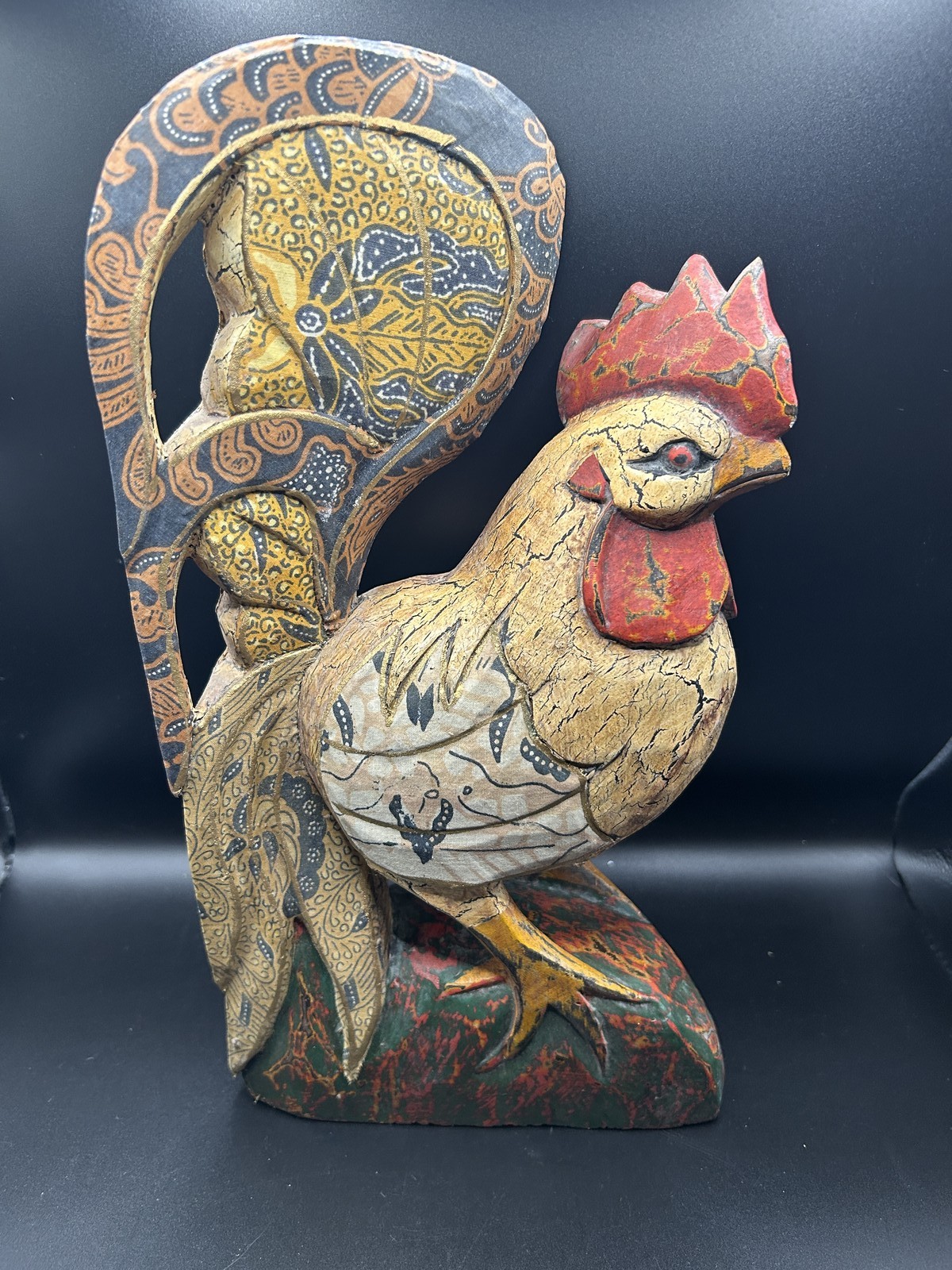 Vintage Style Carved Wooden Rooster Chicken Figurine Folk Art Batik Pattern Home
