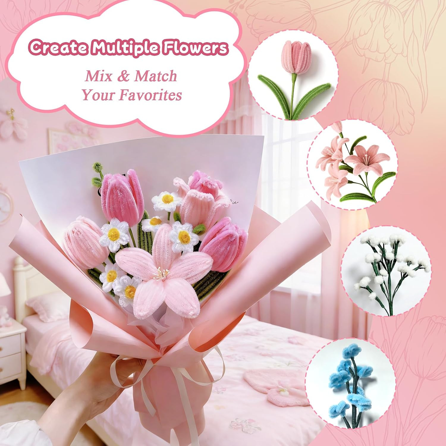 680 PCS Pipe Cleaner Flower Crafts Kit – 5 Colors Bulk Pipe Cleaners for DIY Pin
