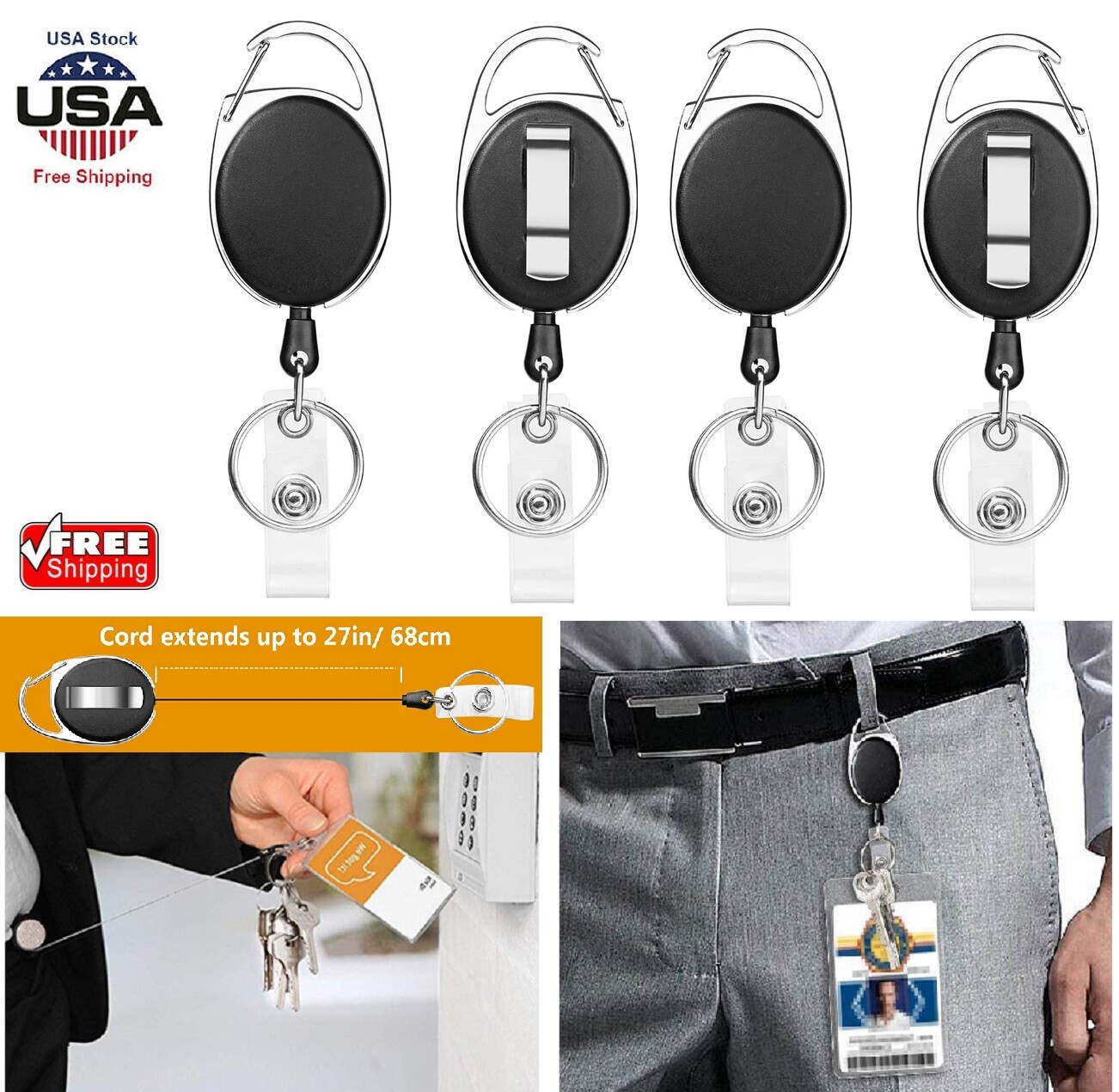 5× Retractable Key Tool Reel Holder Steel Belt Clip Chain Heavy Duty Split Ring