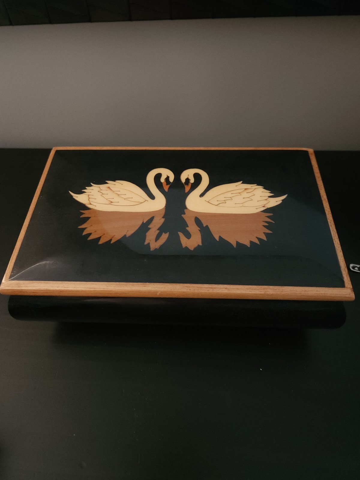 Vintage Capra Industries Wooden Music Box Inlaid Swans Plays Swan Lake USA Works