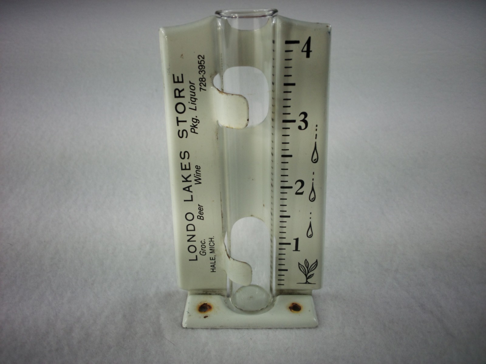 Vintage Rain Gauge From Londo Lakes Store In Hale Michigan w/Glass Tube – NICE!