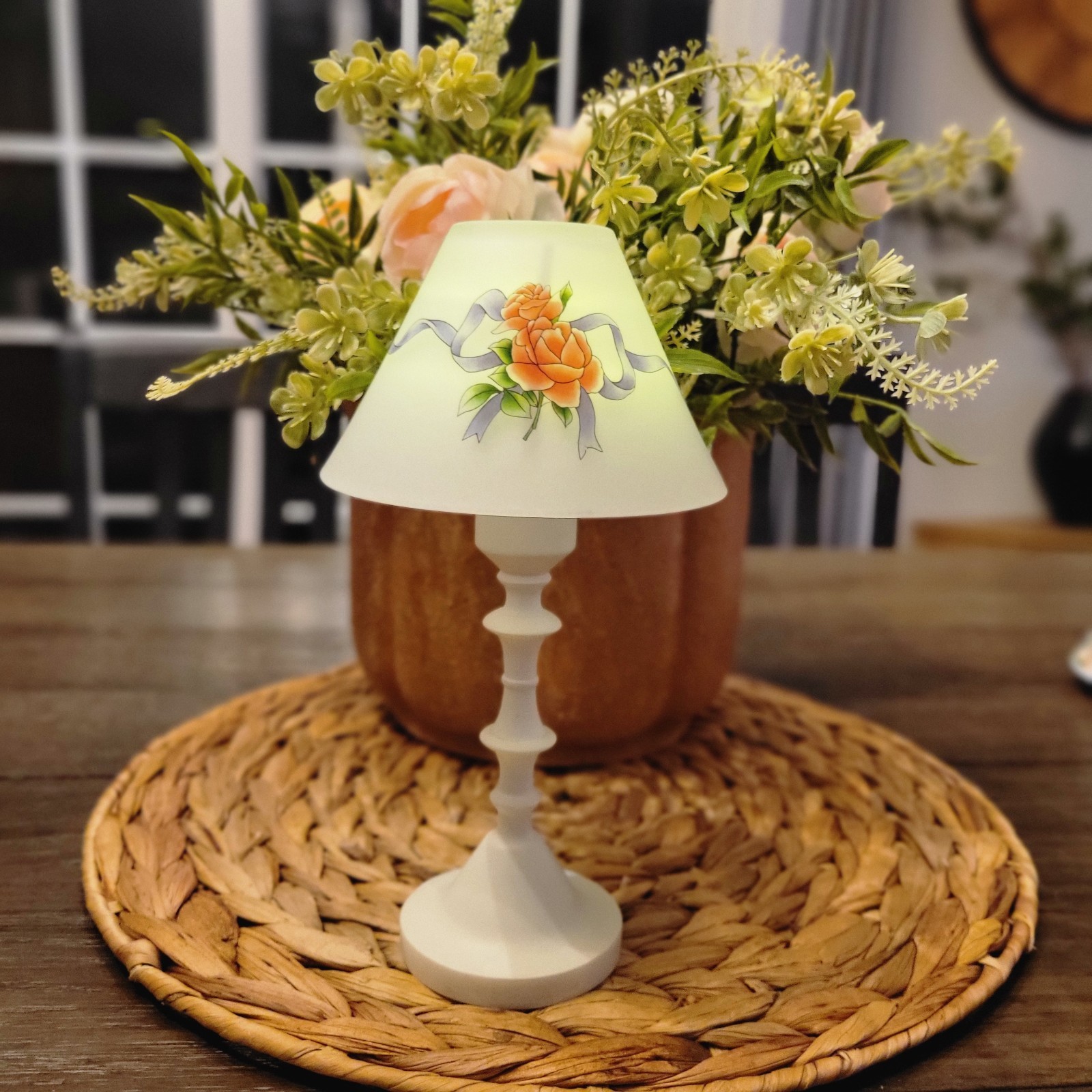 Small White Matte Accent Lamp, Ceramic & Glass, Floral Cone Shade, Warm White