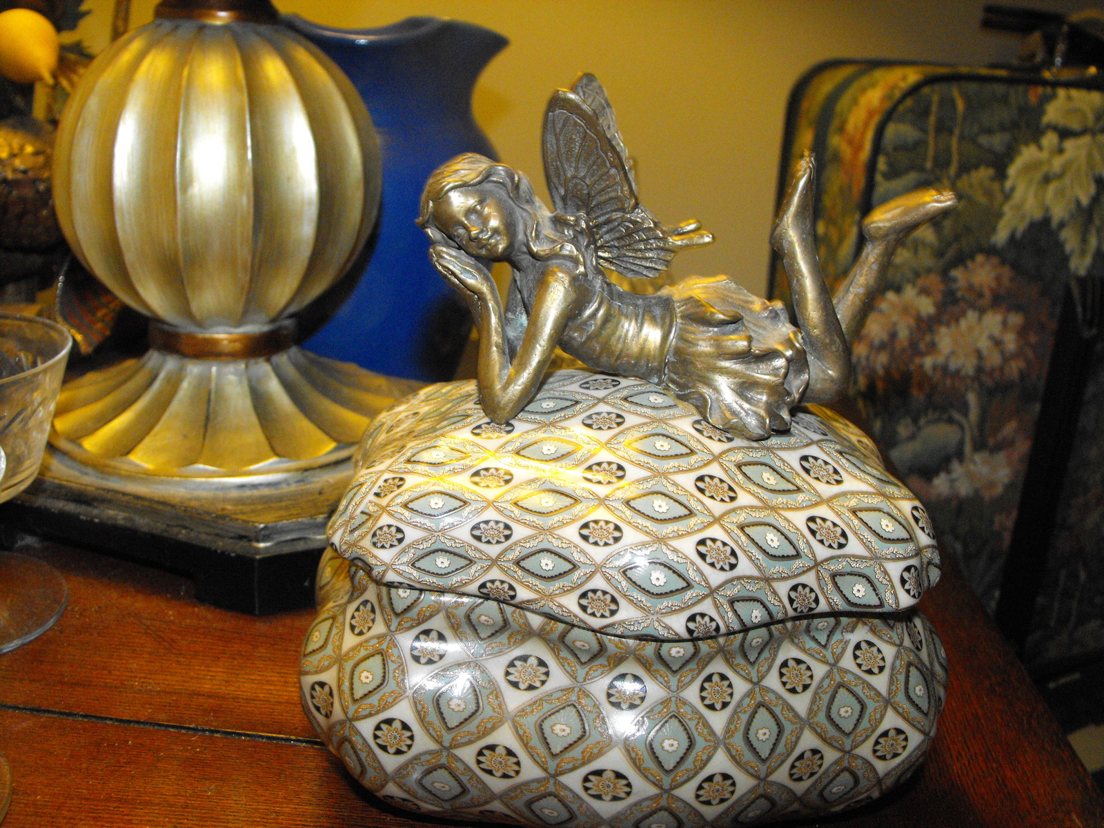 Victorian Art Nouveau Porcelain & Bronze Fairy Box Marked
