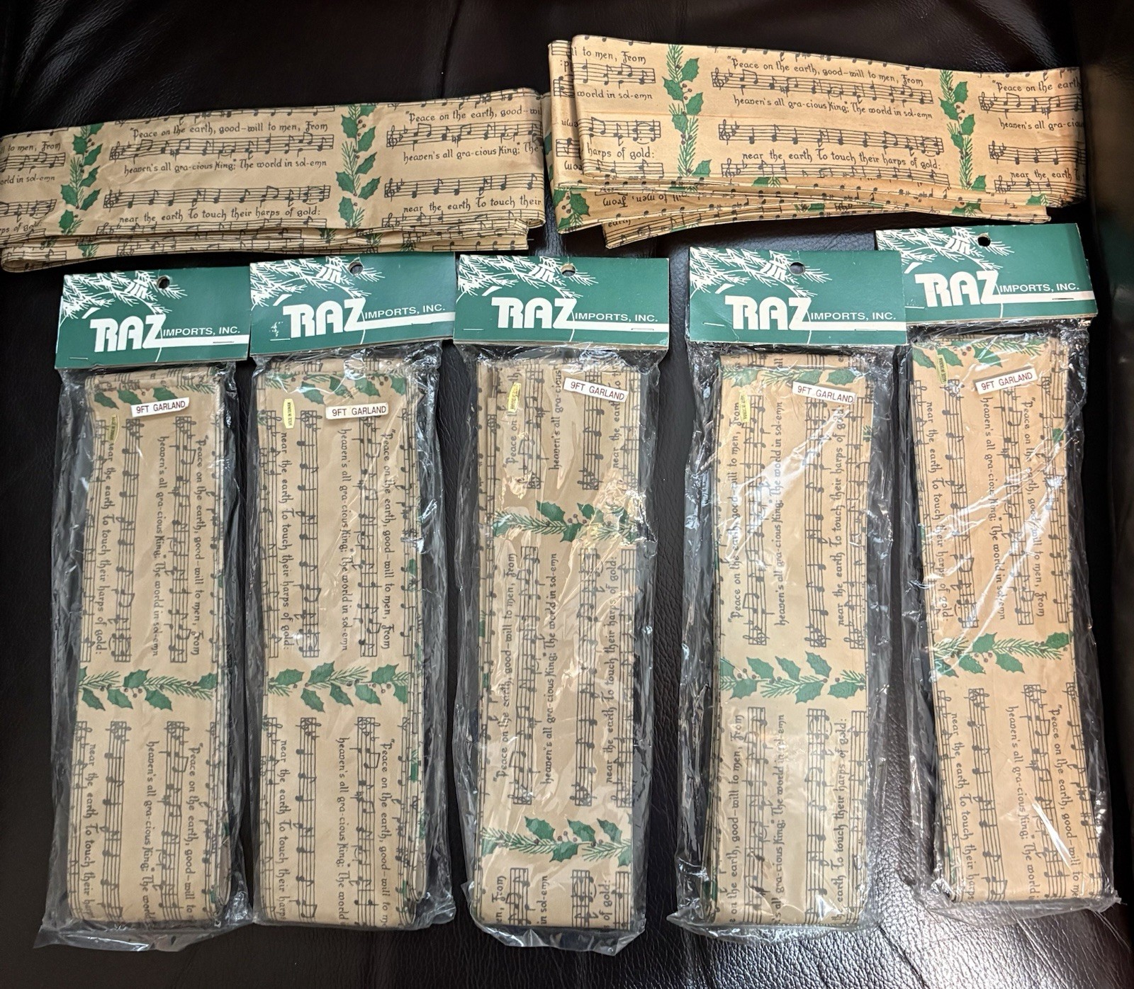 Lot Of 7 Raz Imports 9ft Ea Garland Christmas Carol/Holly Design Crinkly Ribbon