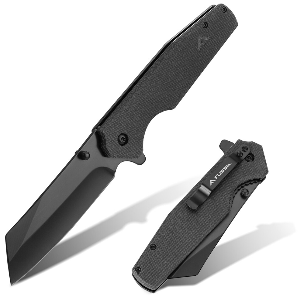 FLISSA Folding Pocket Knife 3.5″ Stonewash Blade Tactical Knife W/Micarta Handle