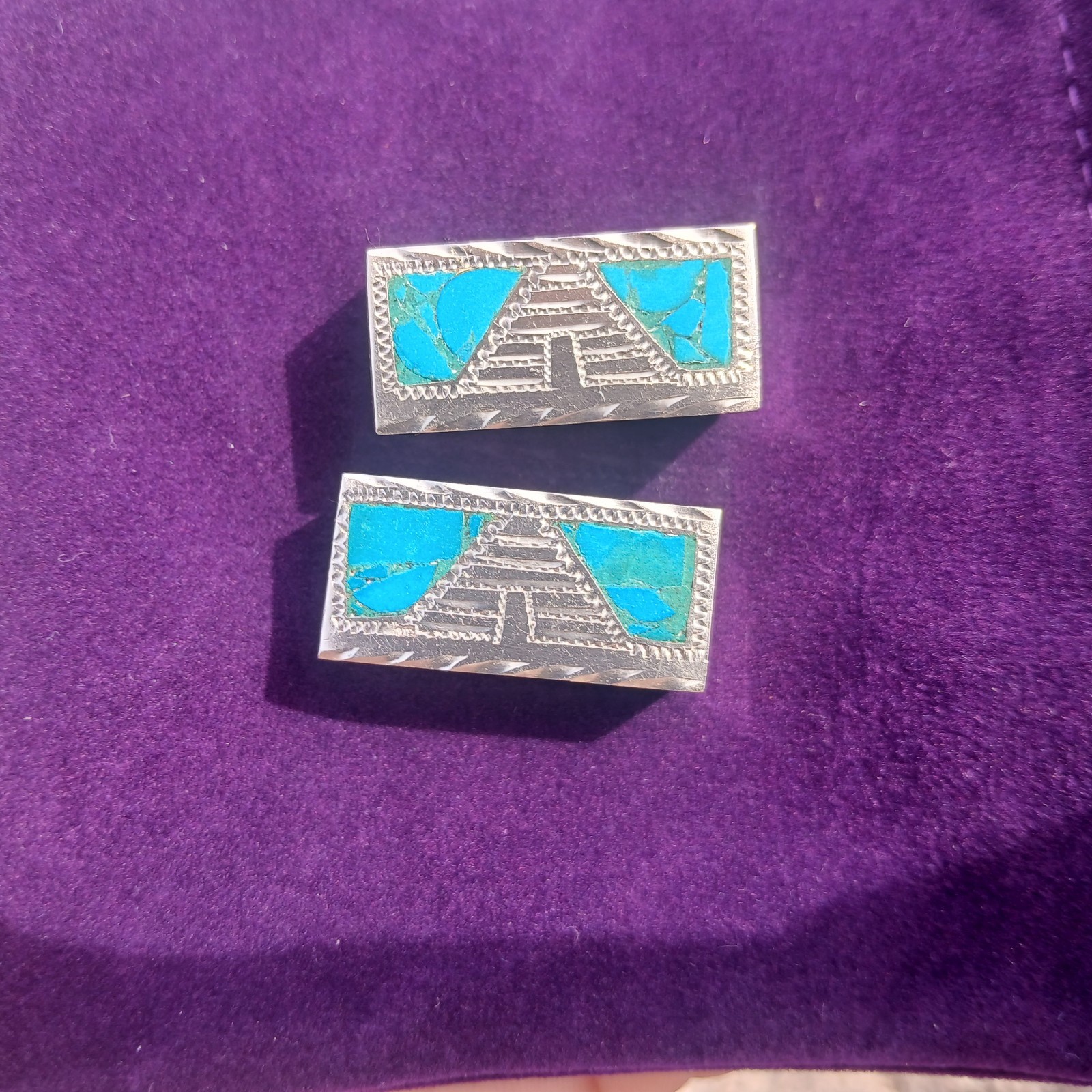 Vintage Sterling Silver Belt Loop Keepers With Turquoise Inlay Handmade Pyramid