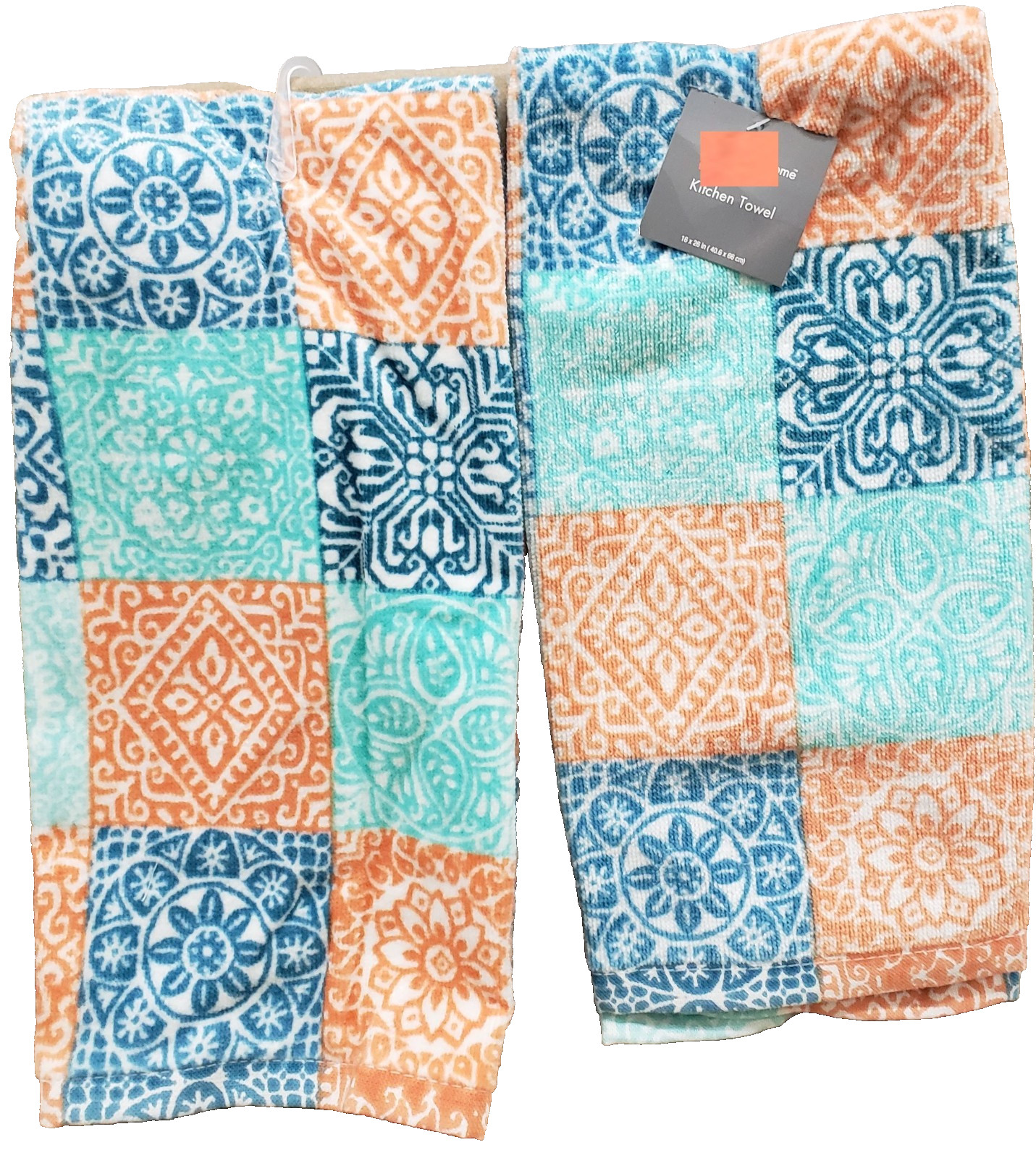 Set of 2 Same Kitchen Terry Towels (16″x26″) MULTICOLOR MEDALLIONS SQUARES, EH