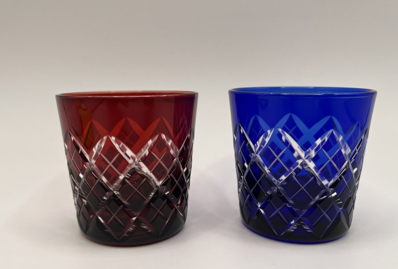 Edo Kiriko Sake Cup Pair Red & Blue, P Engraved On Bottom