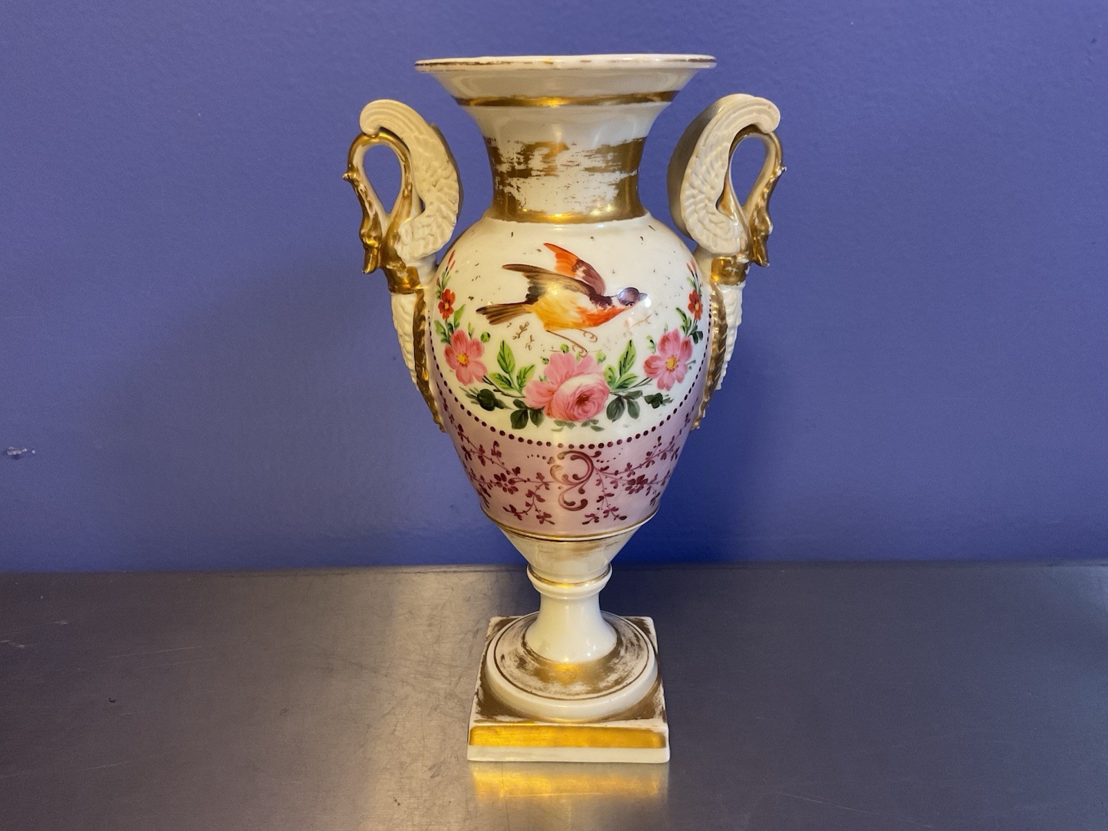 Antique French Empire Vase With Swan Handles Issues 9 Inches