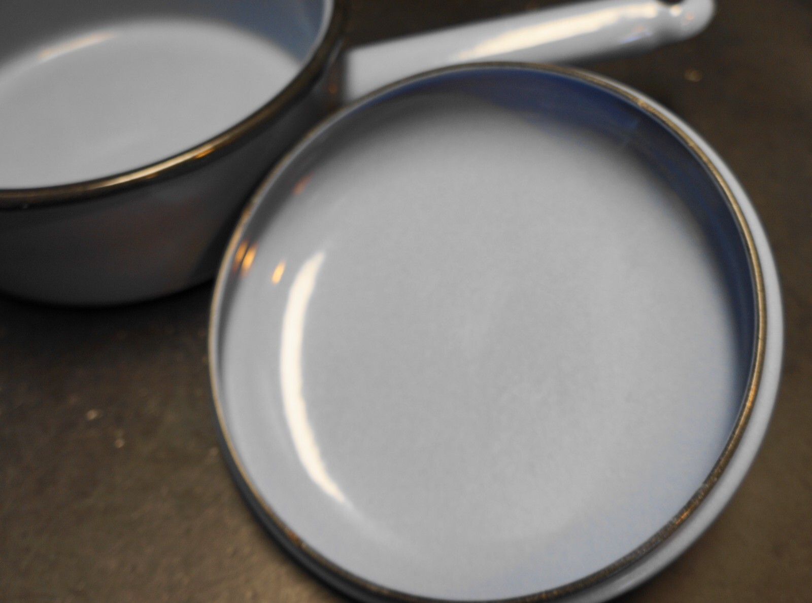 Light Blue Black Trim Enamel Saucepan 1950s