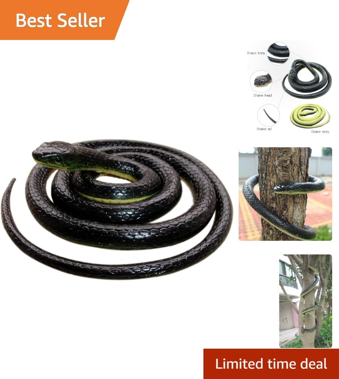 52-Inch Realistic Rubber Black Snake – Perfect for Garden Decor & Pranks