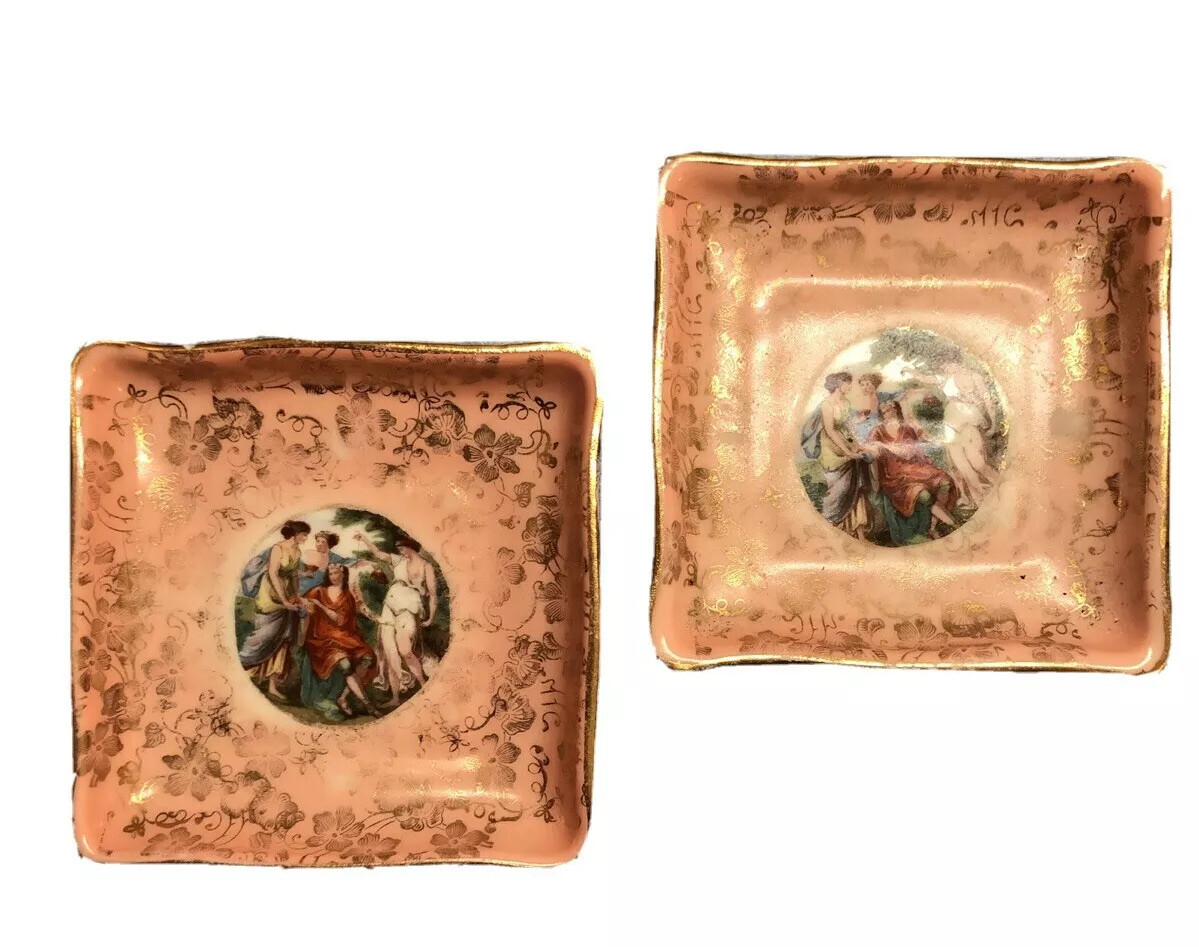 2 Vintage Hand Painted Trinket Dish Pink & gold Bathing Women Decal 3.5″ square