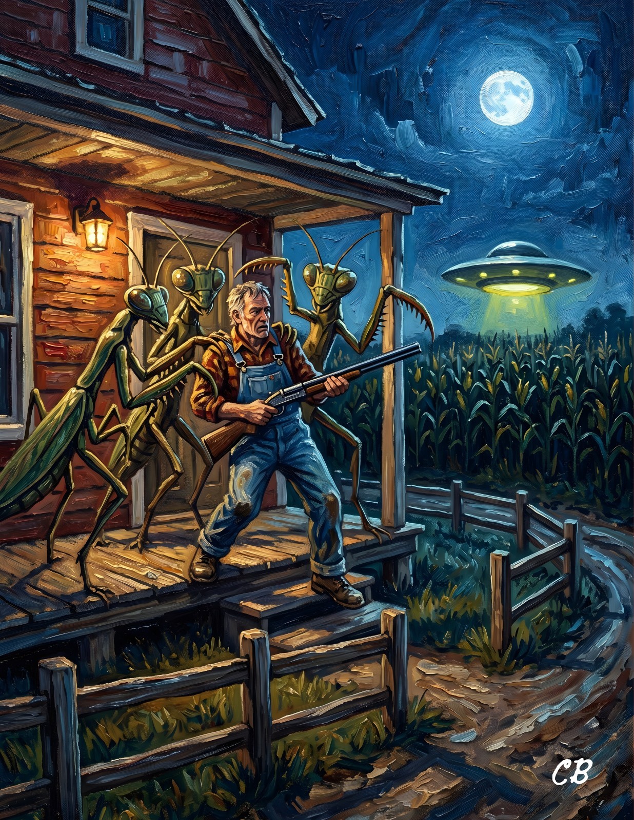 Farmer vs Mantis Aliens ACEO | UAP Folk Art | UFO Cornfield | Sci-Fi Horror