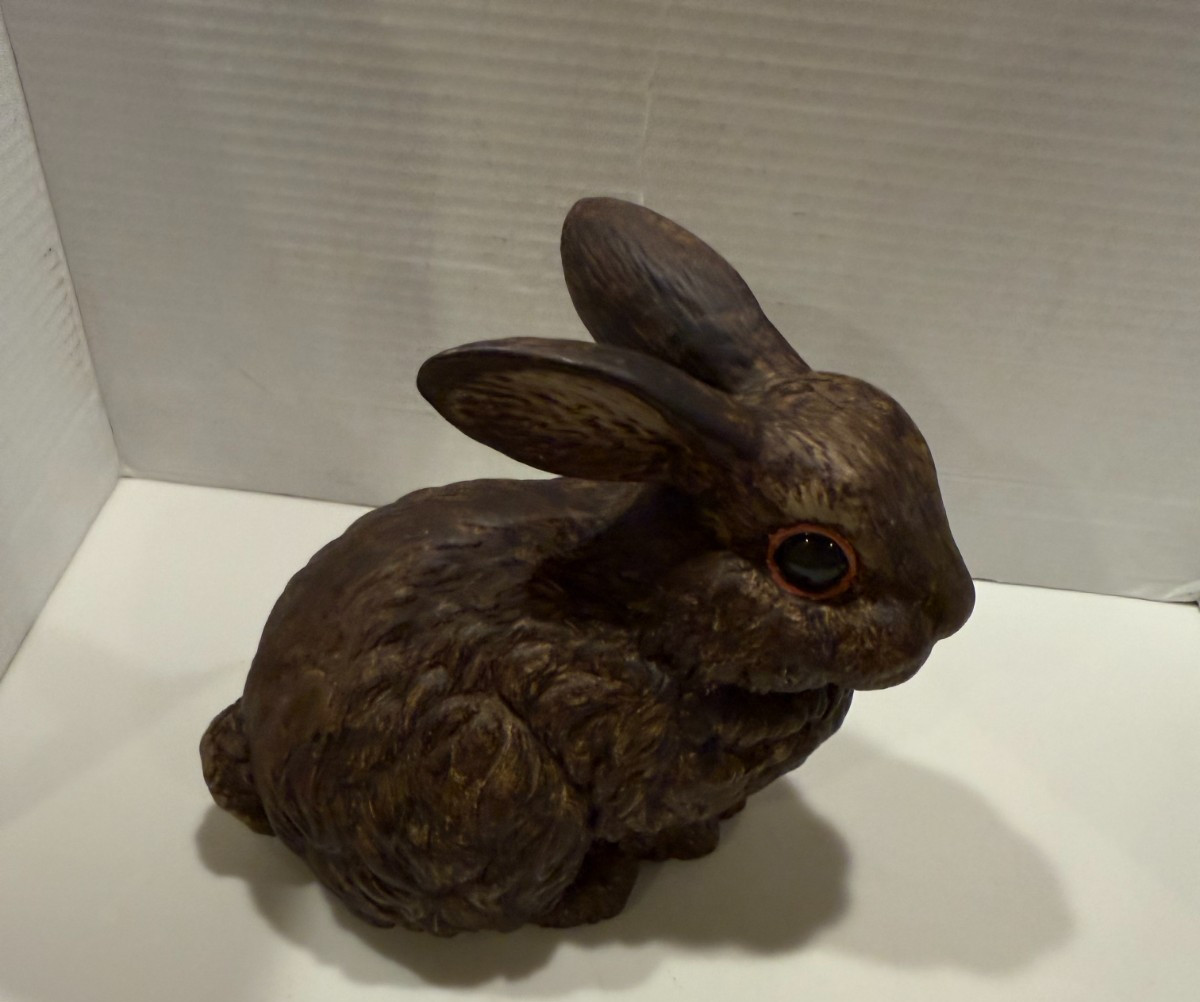 Vintage Bunny Rabbit figure Ceramic Mold Hand Painted 7.5″H X 10″L X 5″W DK.BRO