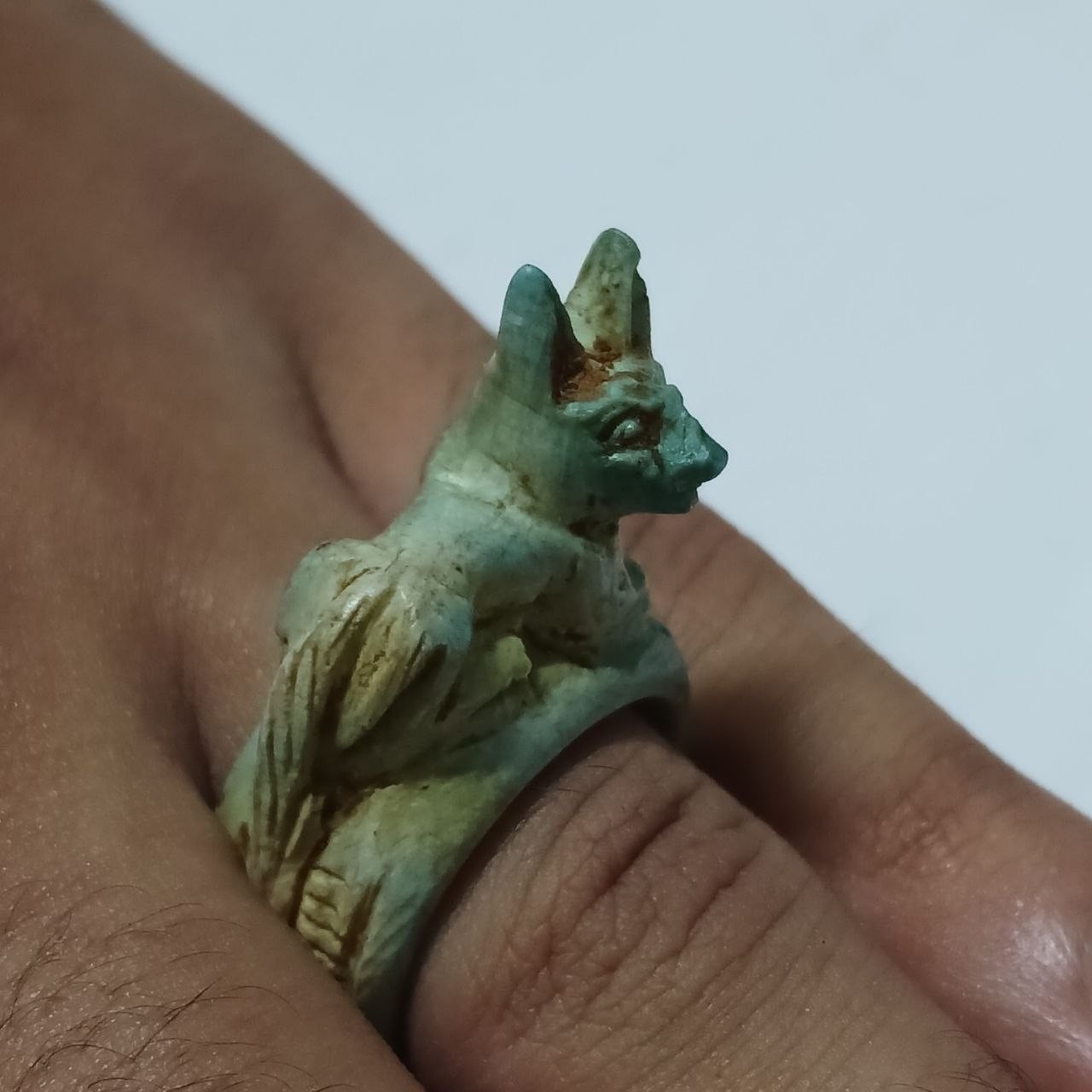 Ancient Egyptian Ram & Cat Ring, Handmade Stone Look Decorative Artifact