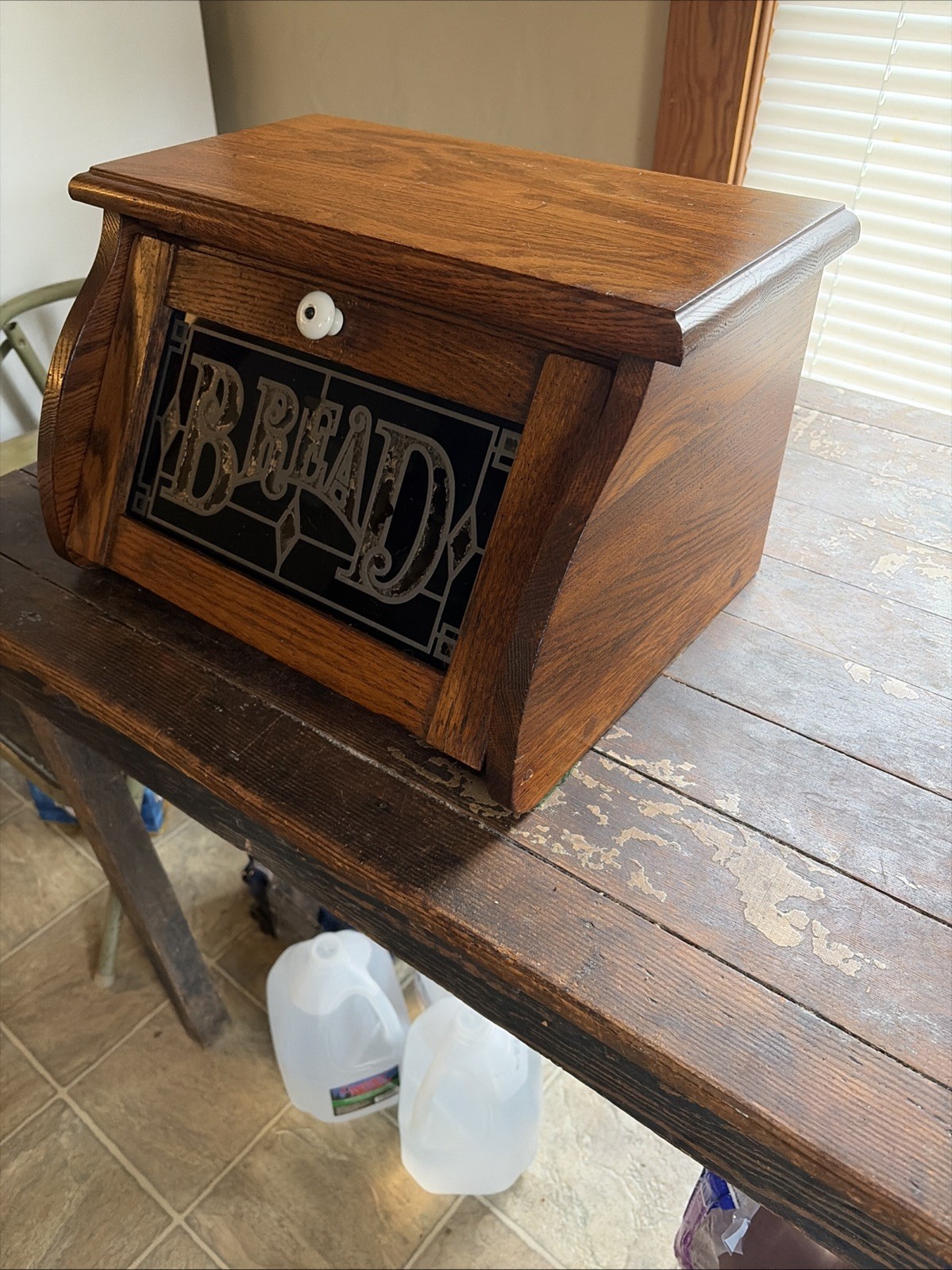 Beautiful Wood Bread Box Black Glass Drop Front 1970’s Vtg Country Kitchen USA