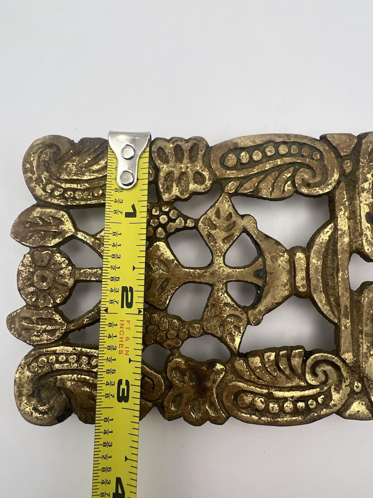 Vintage Ornate Cast Iron Brass Tone Trivet Wall Plaque Spanish Revival Decor