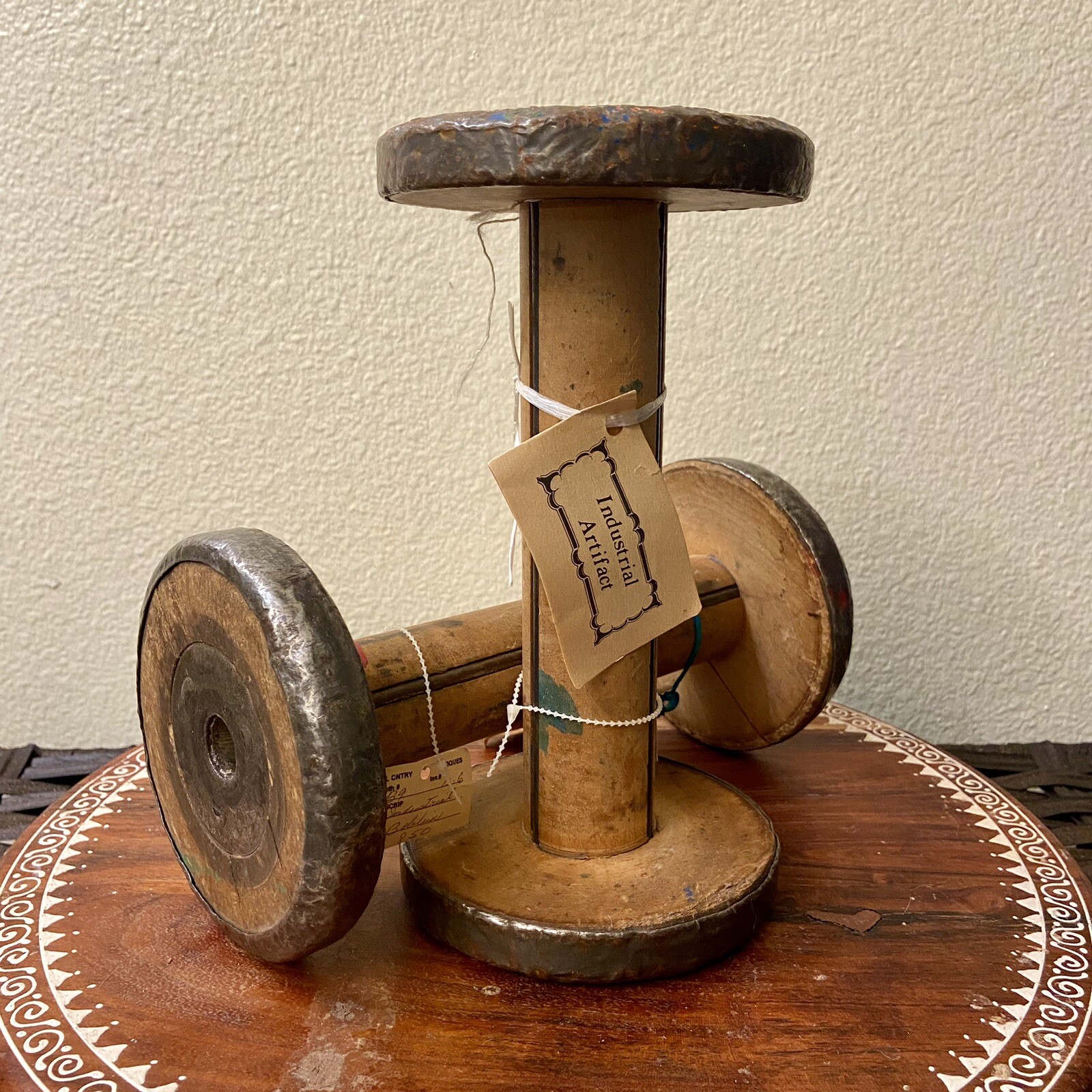 Vintage Wooden Industrial Bobbins Metal Binding Rings 9 inch Set of 2 TAGGED