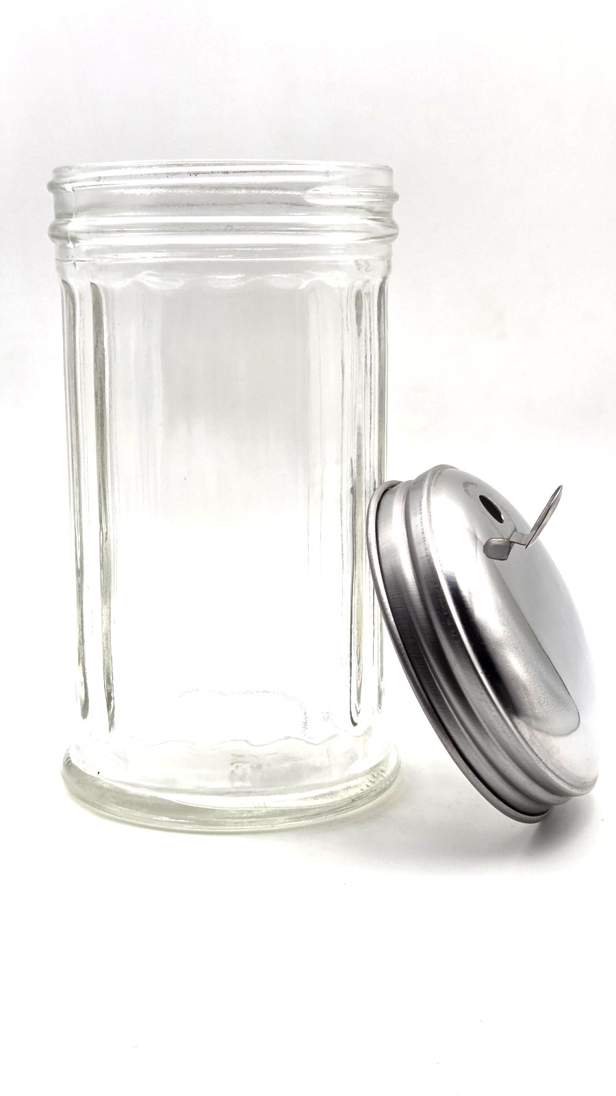 Vintage Chicago Diner Style Sugar Shaker Ribbed Clear Glass w/Metal Lid 5.5″