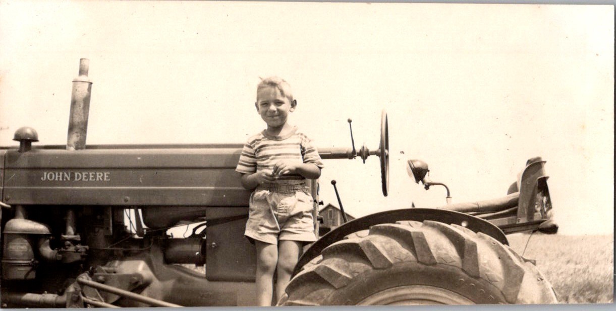 Vintage Snapshot Photo Boy on John Deere Tractor Farm Rural Life 1950s Black &